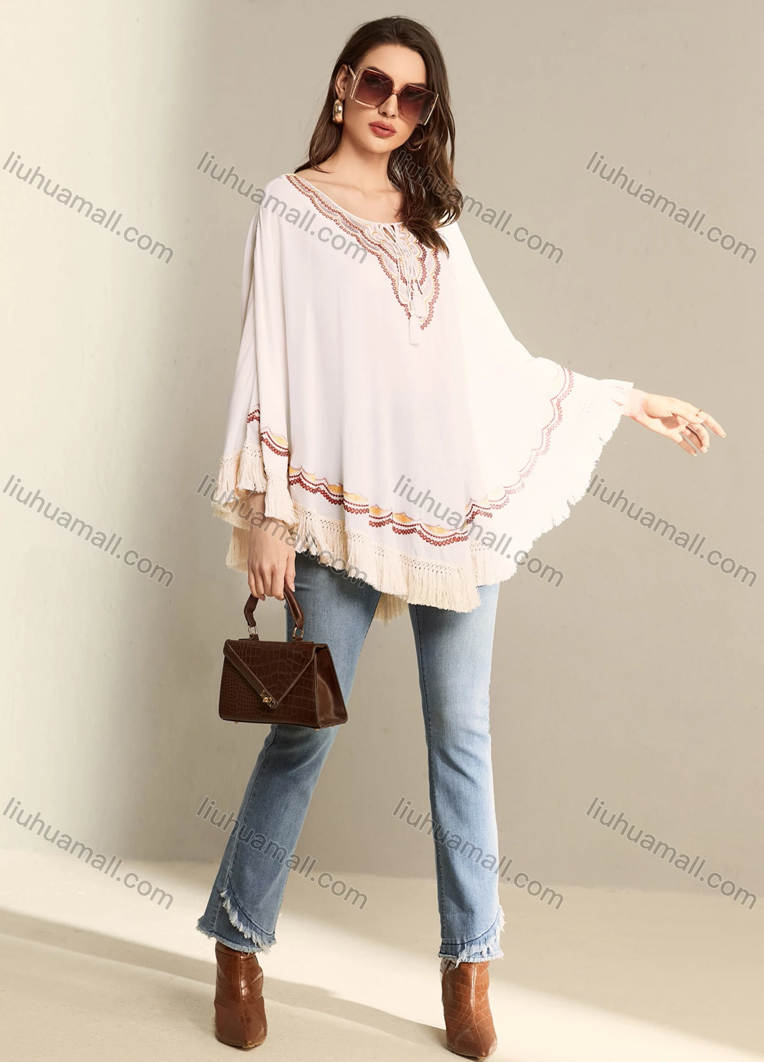 Wholesale Women's Elegant Tie Neck Embroidery Fringe Hem Poncho AT0431# - Liuhuamall