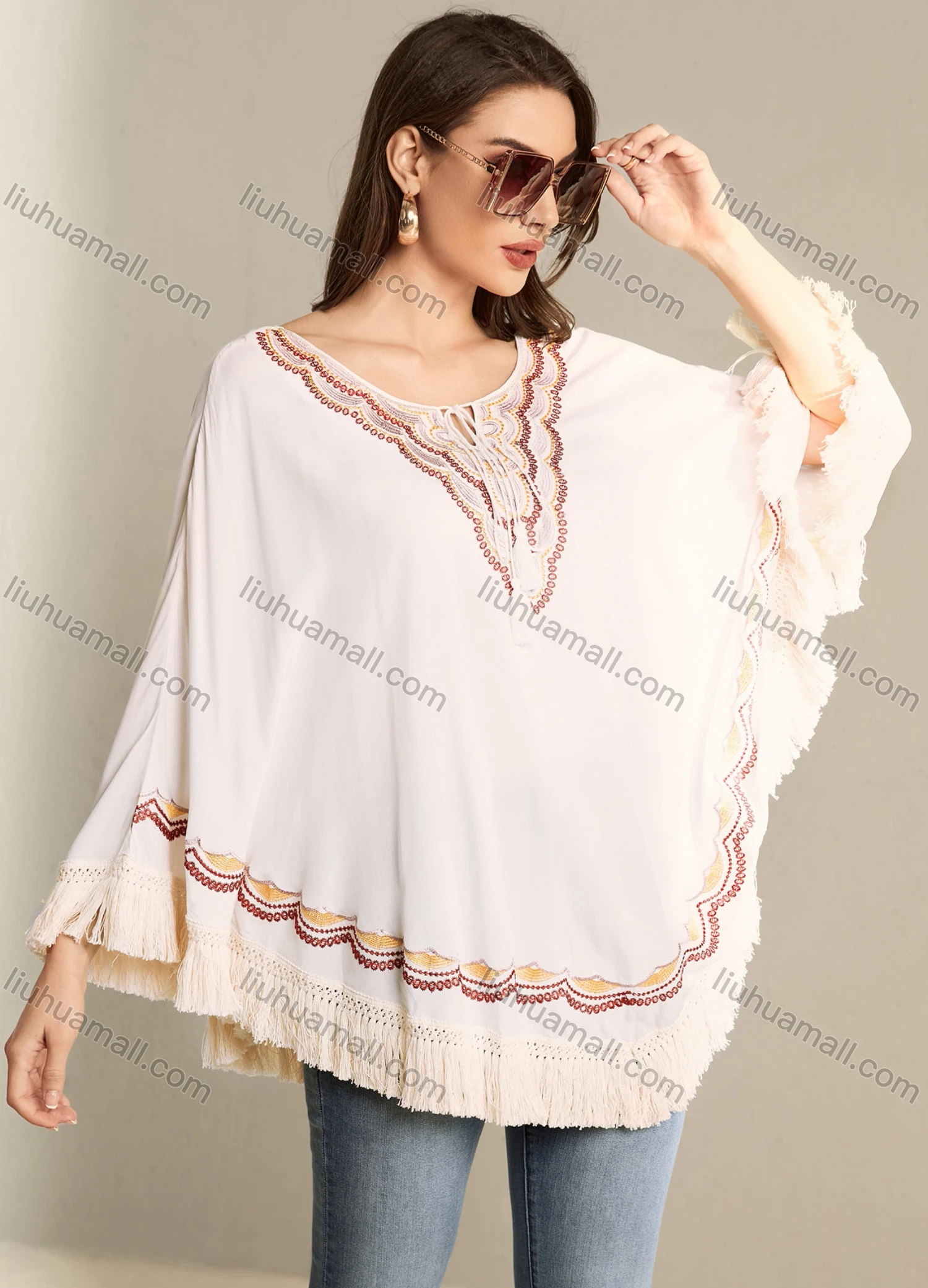 Wholesale Women's Elegant Tie Neck Embroidery Fringe Hem Poncho AT0431# - Liuhuamall