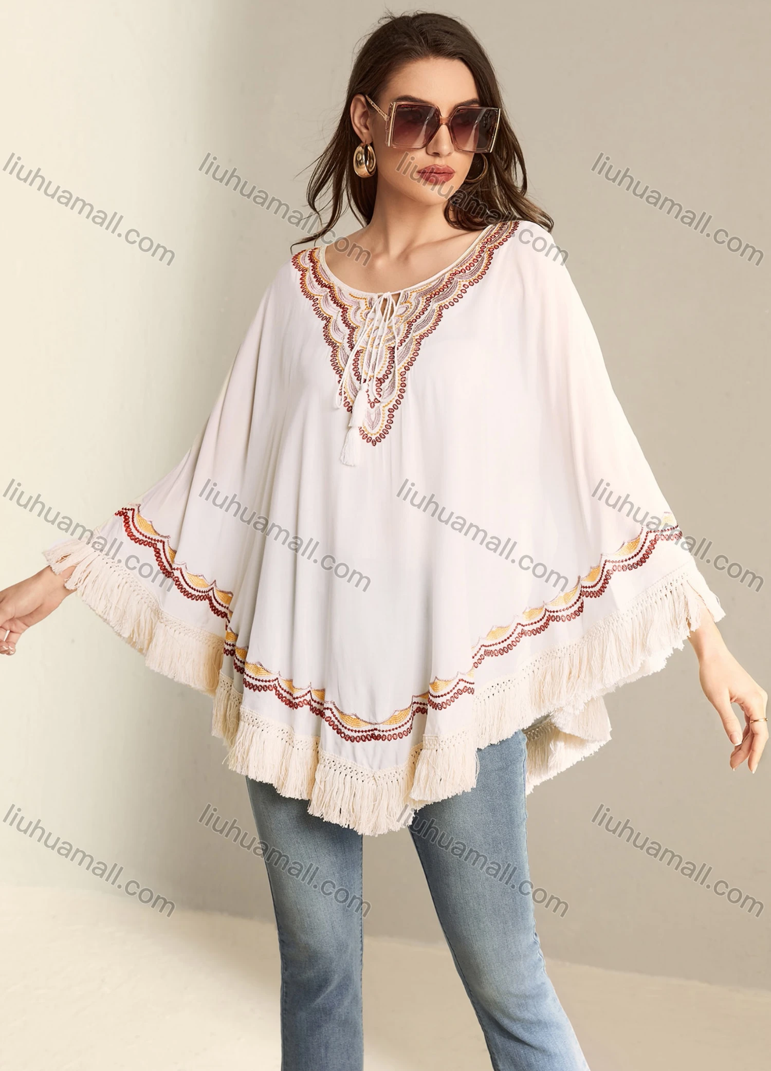 Wholesale Women's Elegant Tie Neck Embroidery Fringe Hem Poncho AT0431# - Liuhuamall
