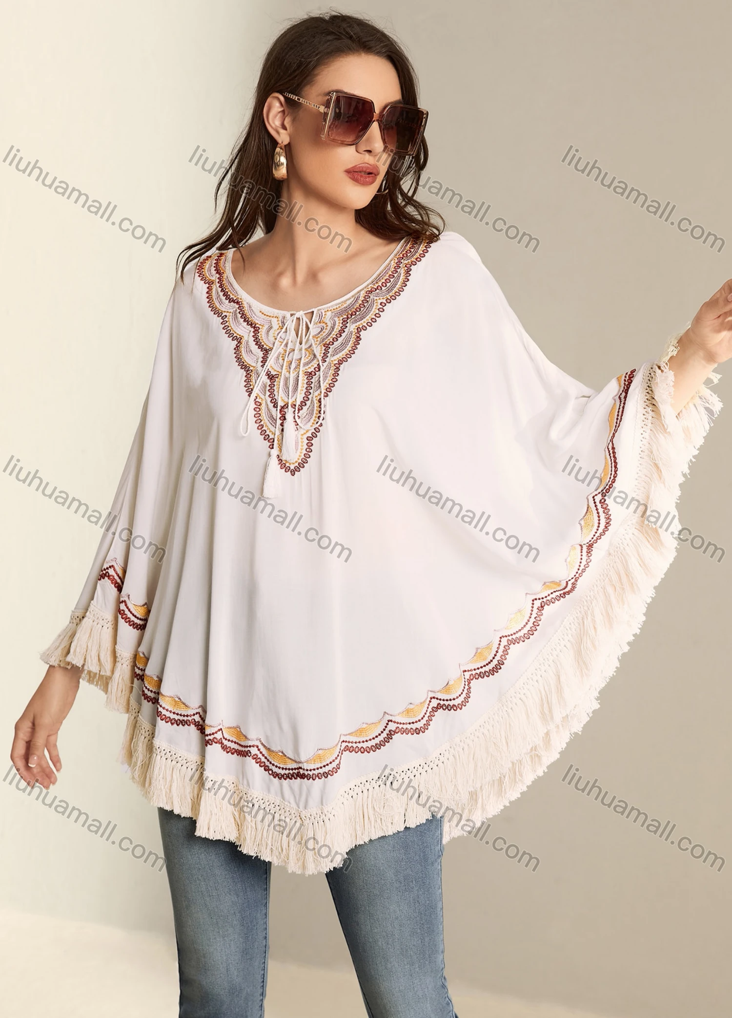 Wholesale Women's Elegant Tie Neck Embroidery Fringe Hem Poncho AT0431# - Liuhuamall