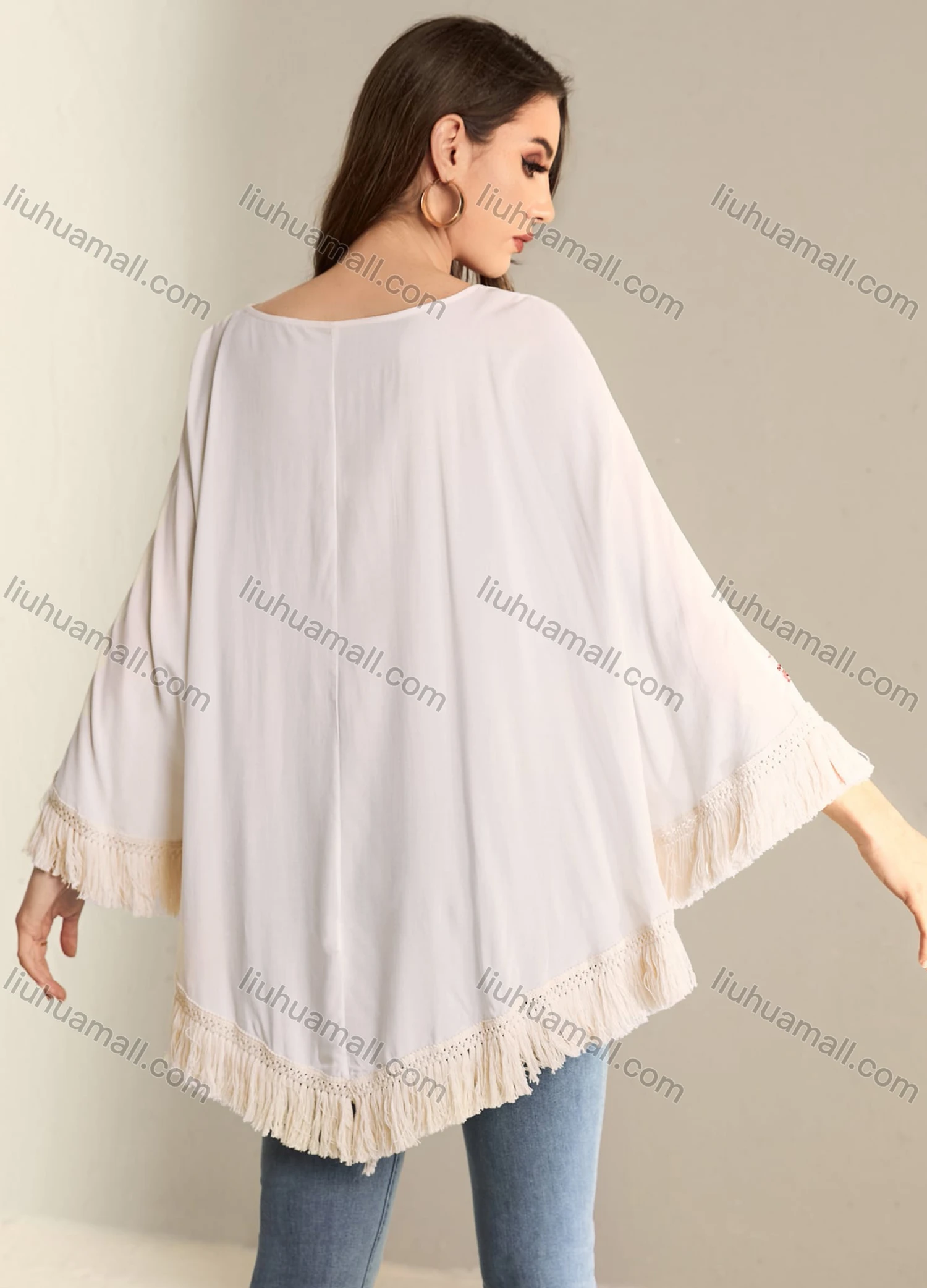Wholesale Women's Elegant Tie Neck Embroidery Fringe Hem Poncho AT0431# - Liuhuamall