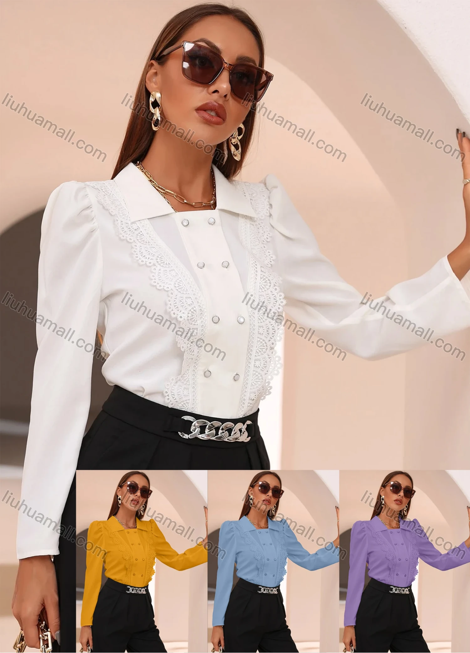 Wholesale Women's Elegant Collared Long Sleeve Double Breasted Guipure Lace Blouse AS21309# - Liuhuamall