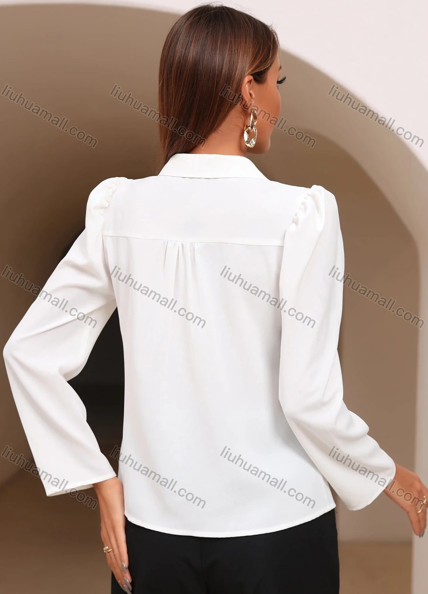 Wholesale Women's Elegant Collared Long Sleeve Double Breasted Guipure Lace Blouse AS21309# - Liuhuamall