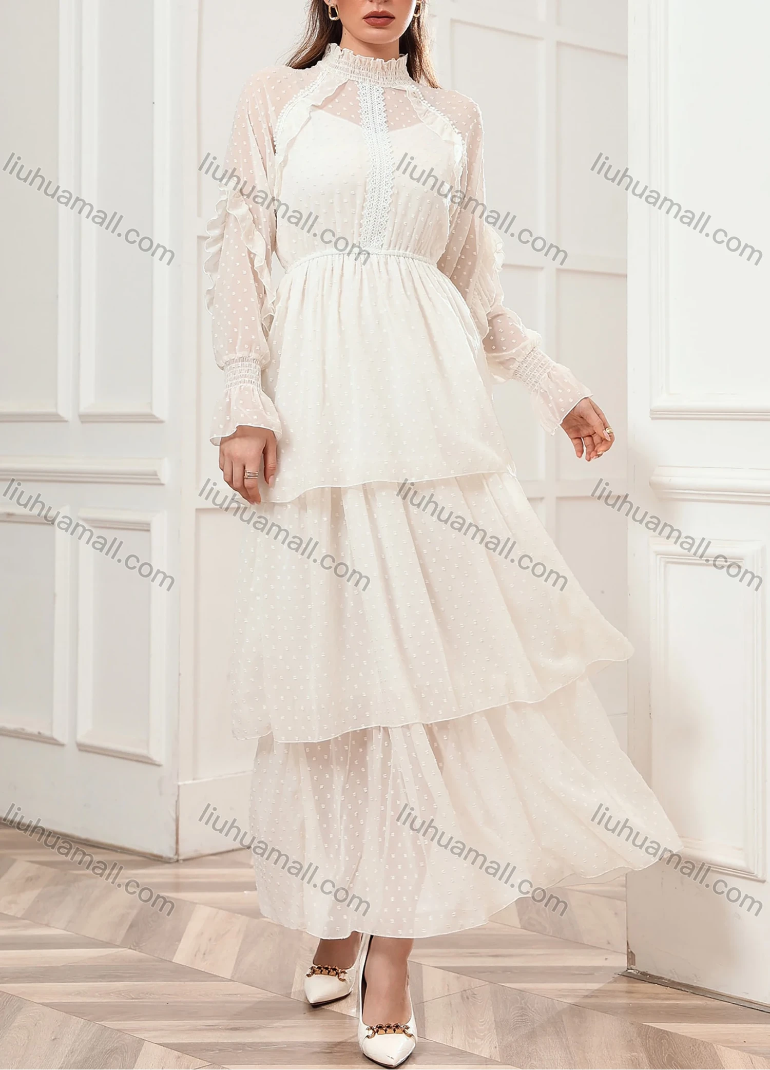 Wholesale Women's Elegant Ruffle Neck Long Sleeve Swiss Dot Layered Hem Dress N2105# - Liuhuamall