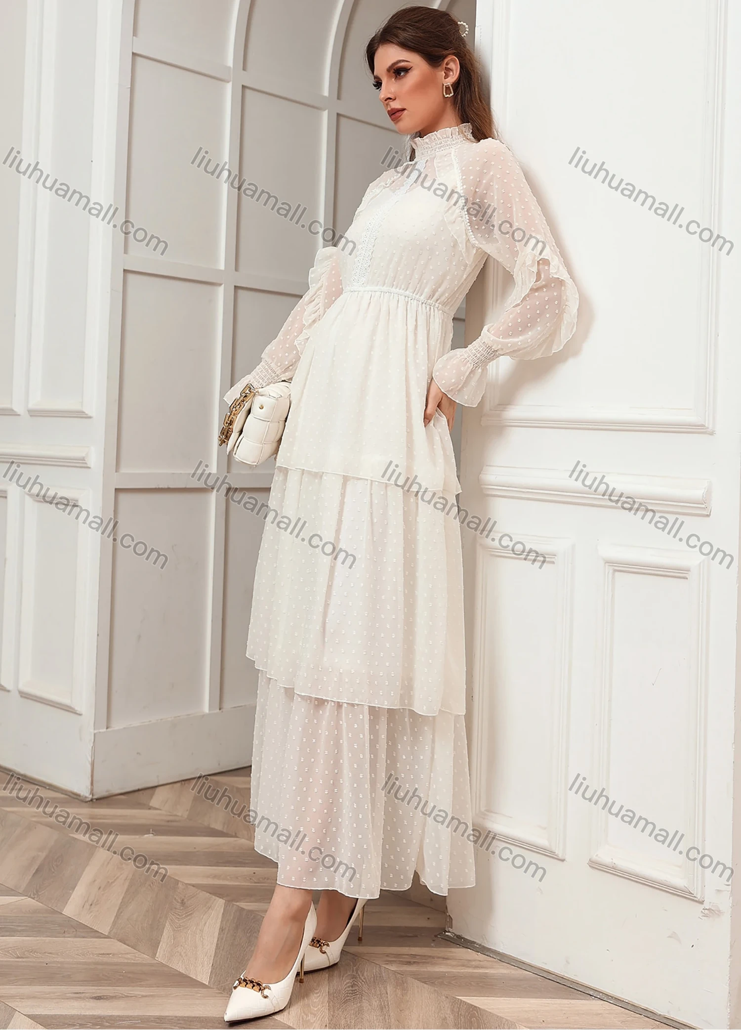 Wholesale Women's Elegant Ruffle Neck Long Sleeve Swiss Dot Layered Hem Dress N2105# - Liuhuamall