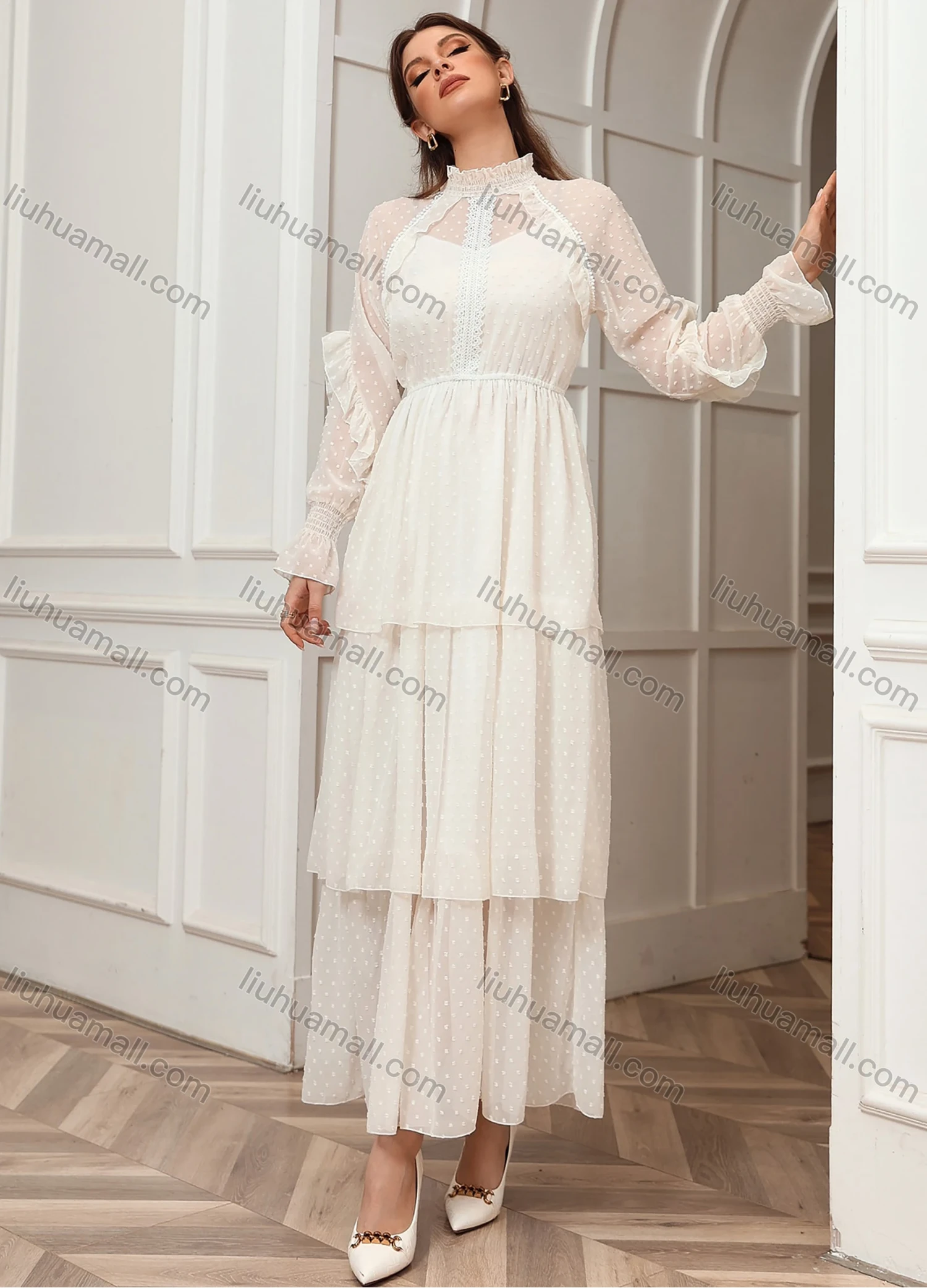 Wholesale Women's Elegant Ruffle Neck Long Sleeve Swiss Dot Layered Hem Dress N2105# - Liuhuamall