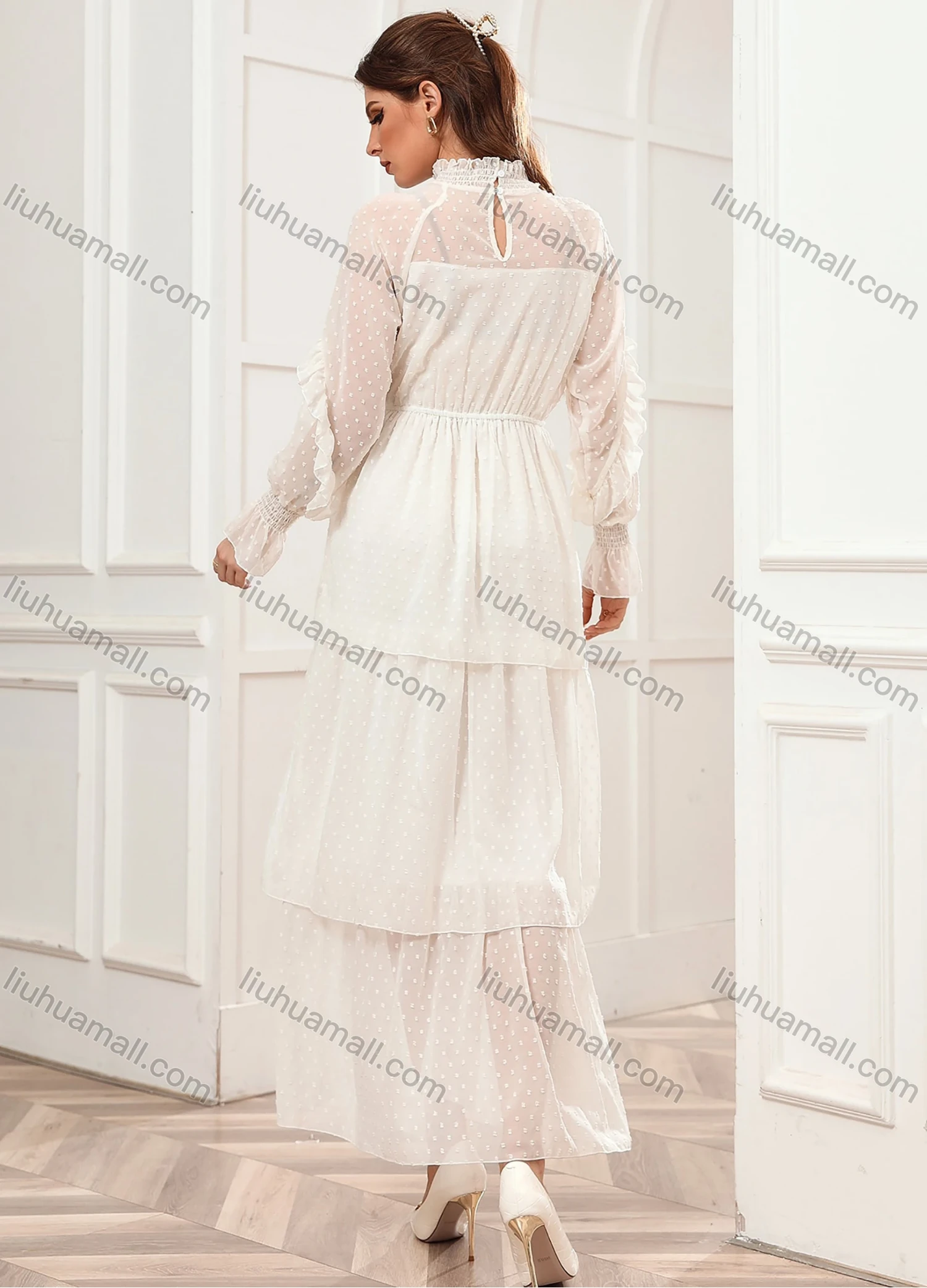 Wholesale Women's Elegant Ruffle Neck Long Sleeve Swiss Dot Layered Hem Dress N2105# - Liuhuamall