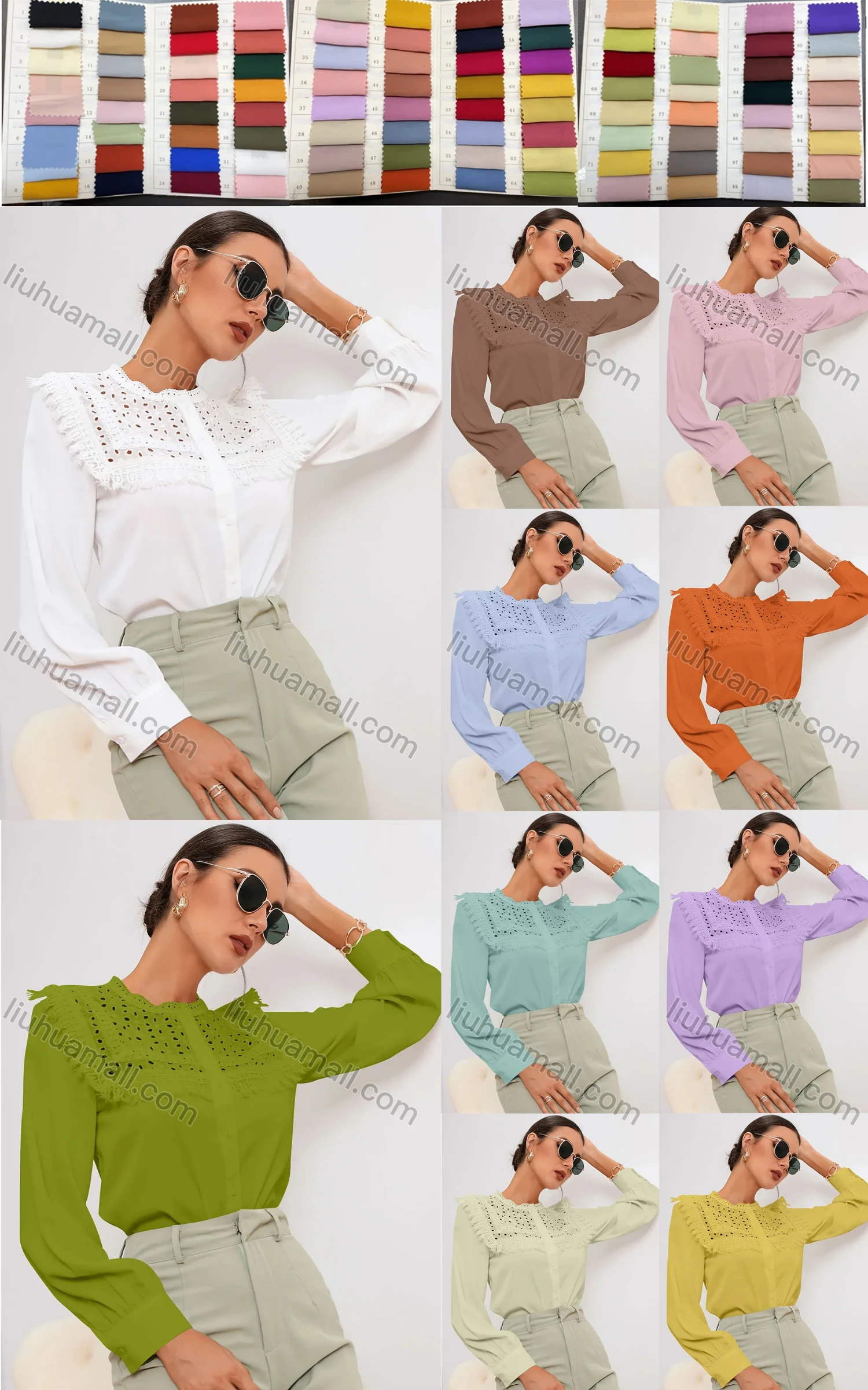 Wholesale Women's Elegant Button Down Long Sleeve Eyelet Lace Blouse AS21017# - Liuhuamall