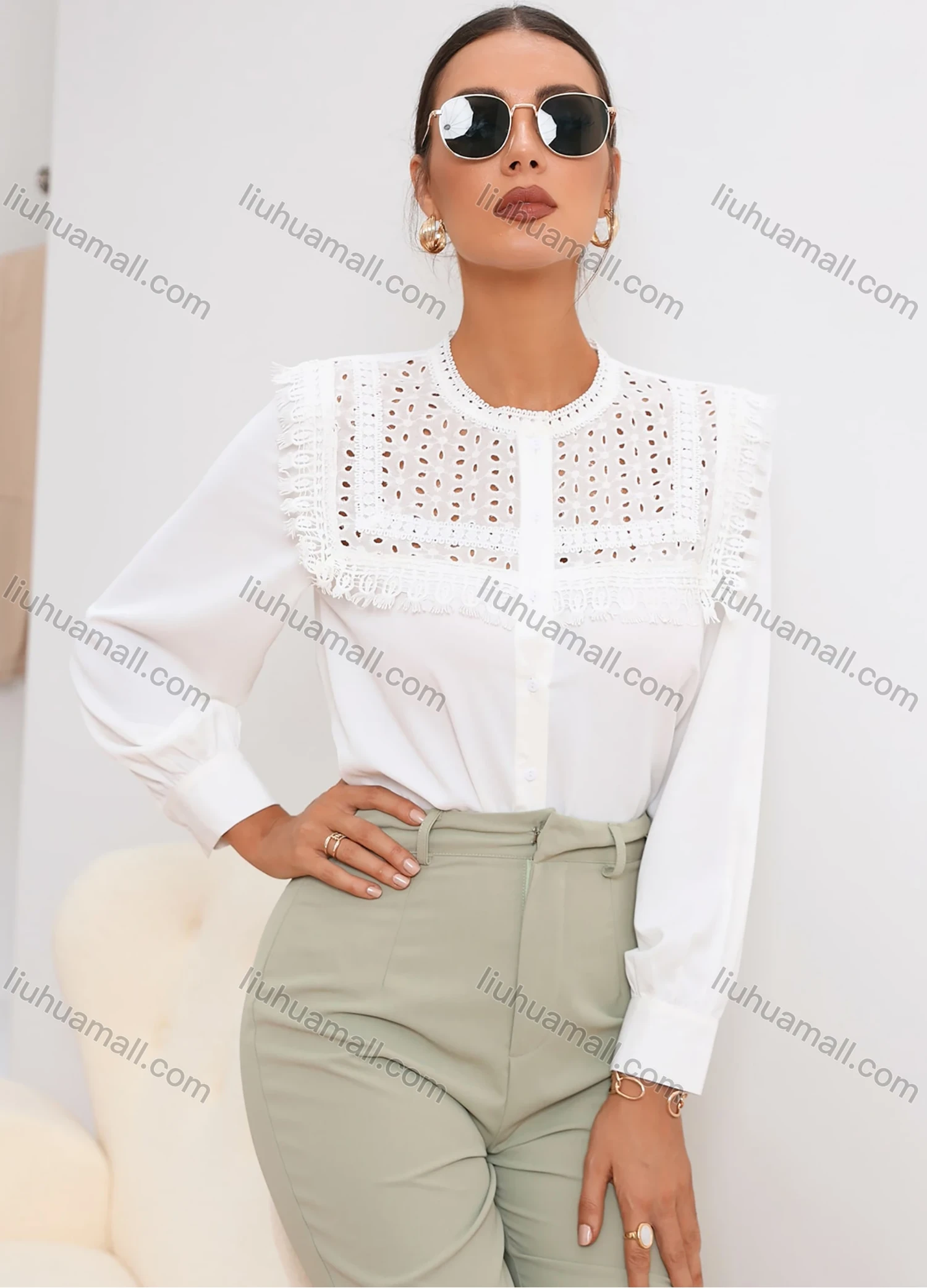 Wholesale Women's Elegant Button Down Long Sleeve Eyelet Lace Blouse AS21017# - Liuhuamall