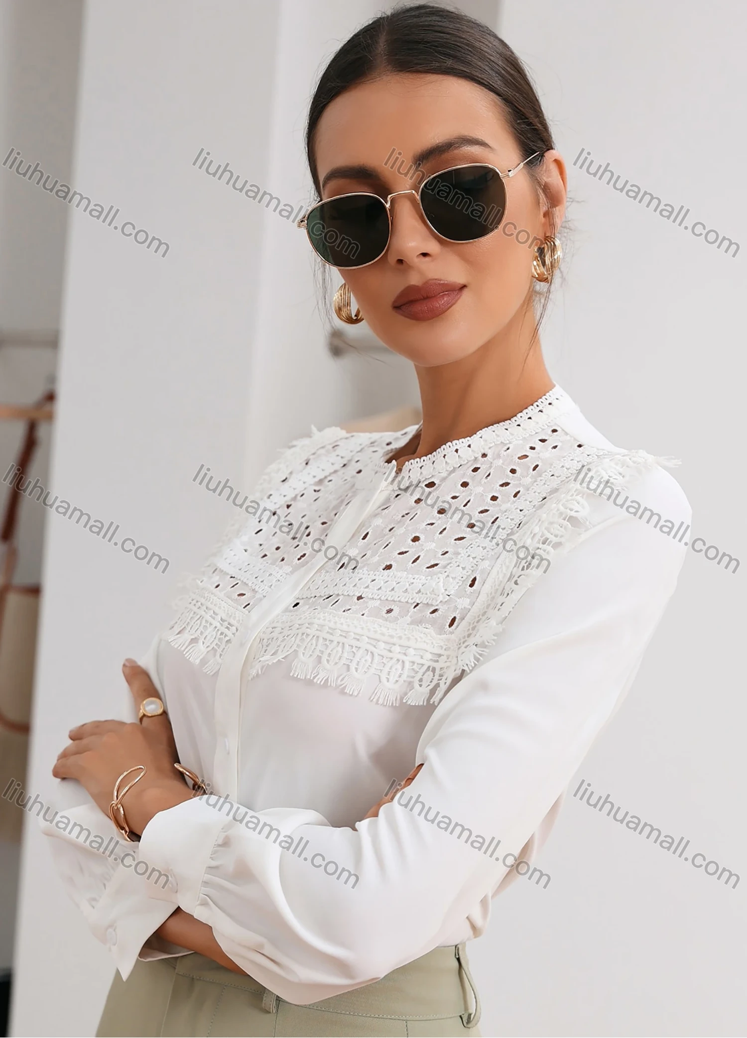 Wholesale Women's Elegant Button Down Long Sleeve Eyelet Lace Blouse AS21017# - Liuhuamall