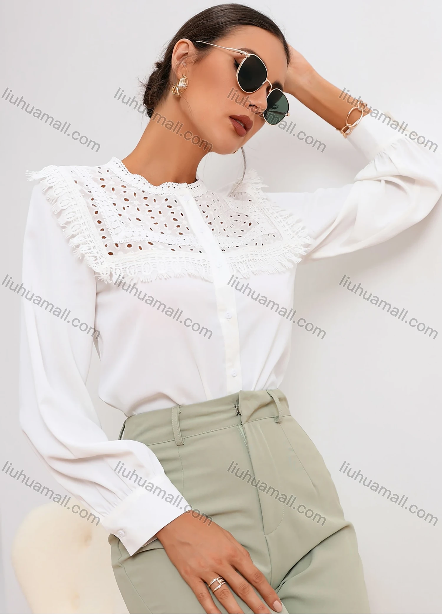 Wholesale Women's Elegant Button Down Long Sleeve Eyelet Lace Blouse AS21017# - Liuhuamall