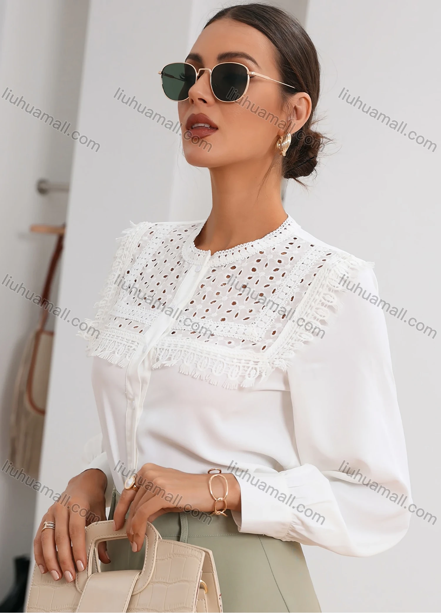 Wholesale Women's Elegant Button Down Long Sleeve Eyelet Lace Blouse AS21017# - Liuhuamall