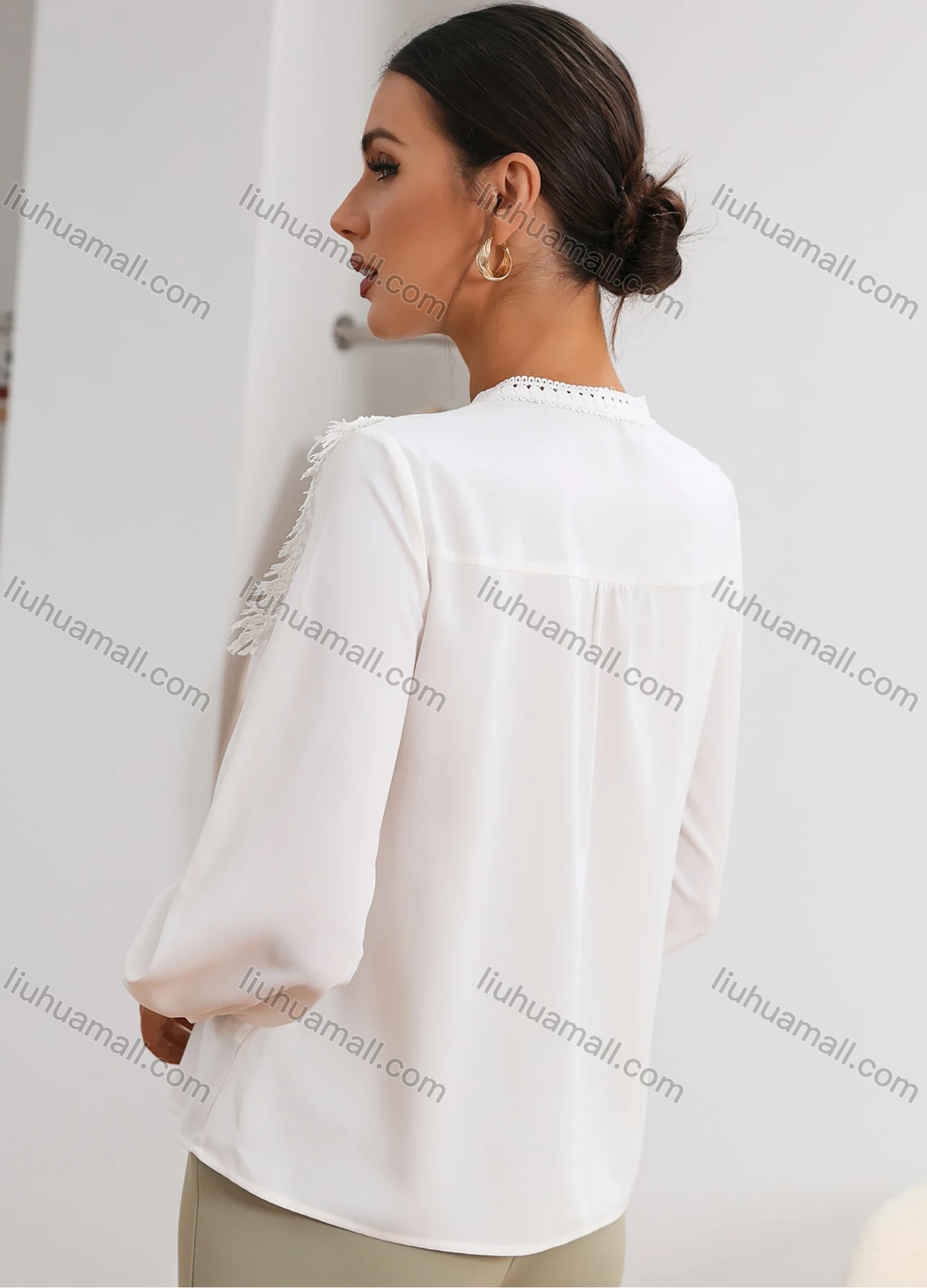 Wholesale Women's Elegant Button Down Long Sleeve Eyelet Lace Blouse AS21017# - Liuhuamall