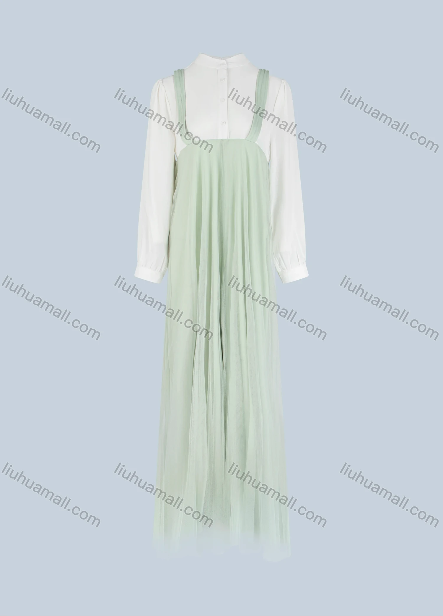 Wholesale Women's Casual Stand Collar Mesh Ruffle Hem Long Sleeve Button Front Maxi Dress - Liuhuamall