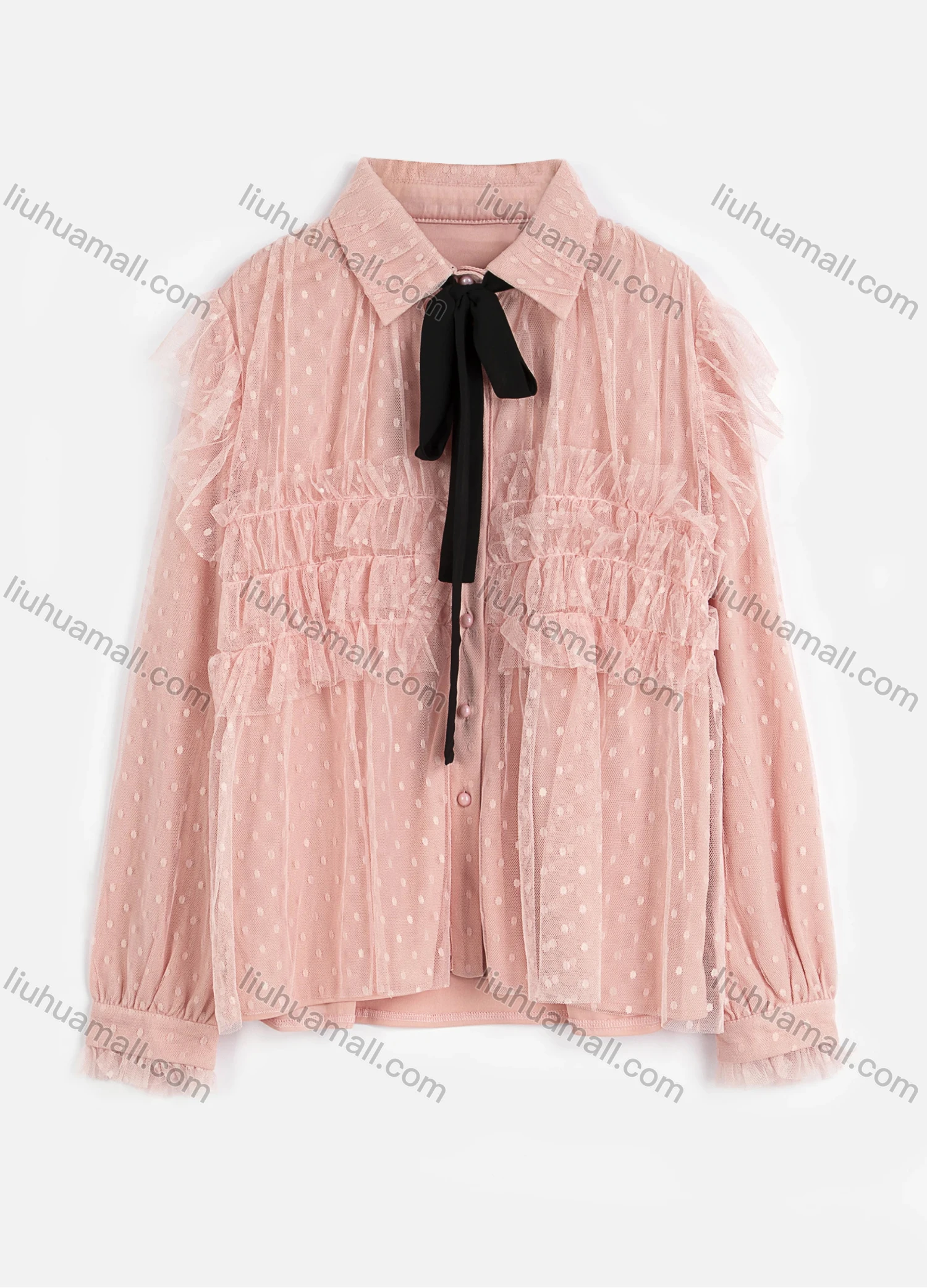 Wholesale Women's Causal Plain Collared Long Sleeve Mesh Swiss Dot Button Down Shirt With Tie - Liuhuamall