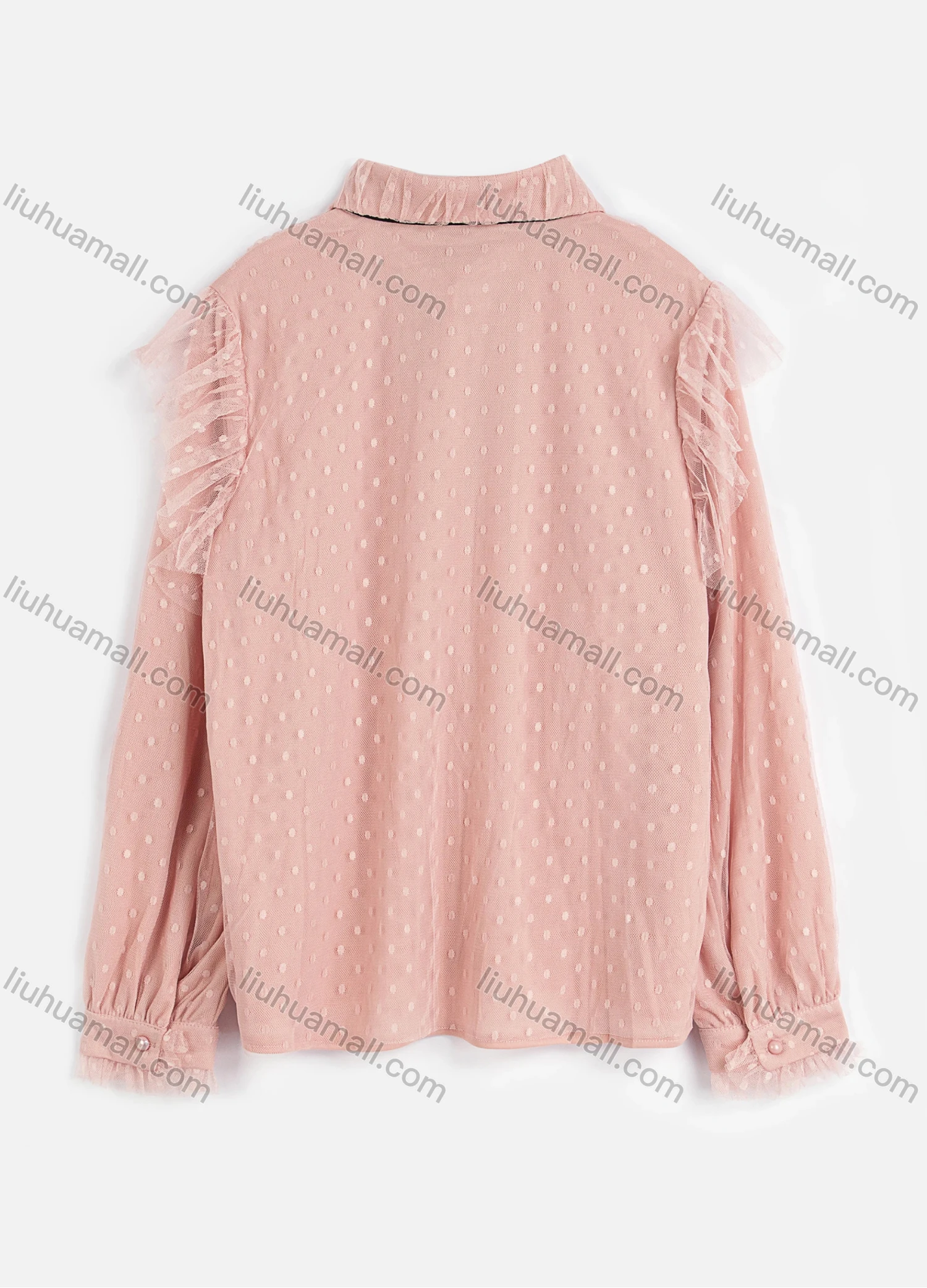Wholesale Women's Causal Plain Collared Long Sleeve Mesh Swiss Dot Button Down Shirt With Tie - Liuhuamall