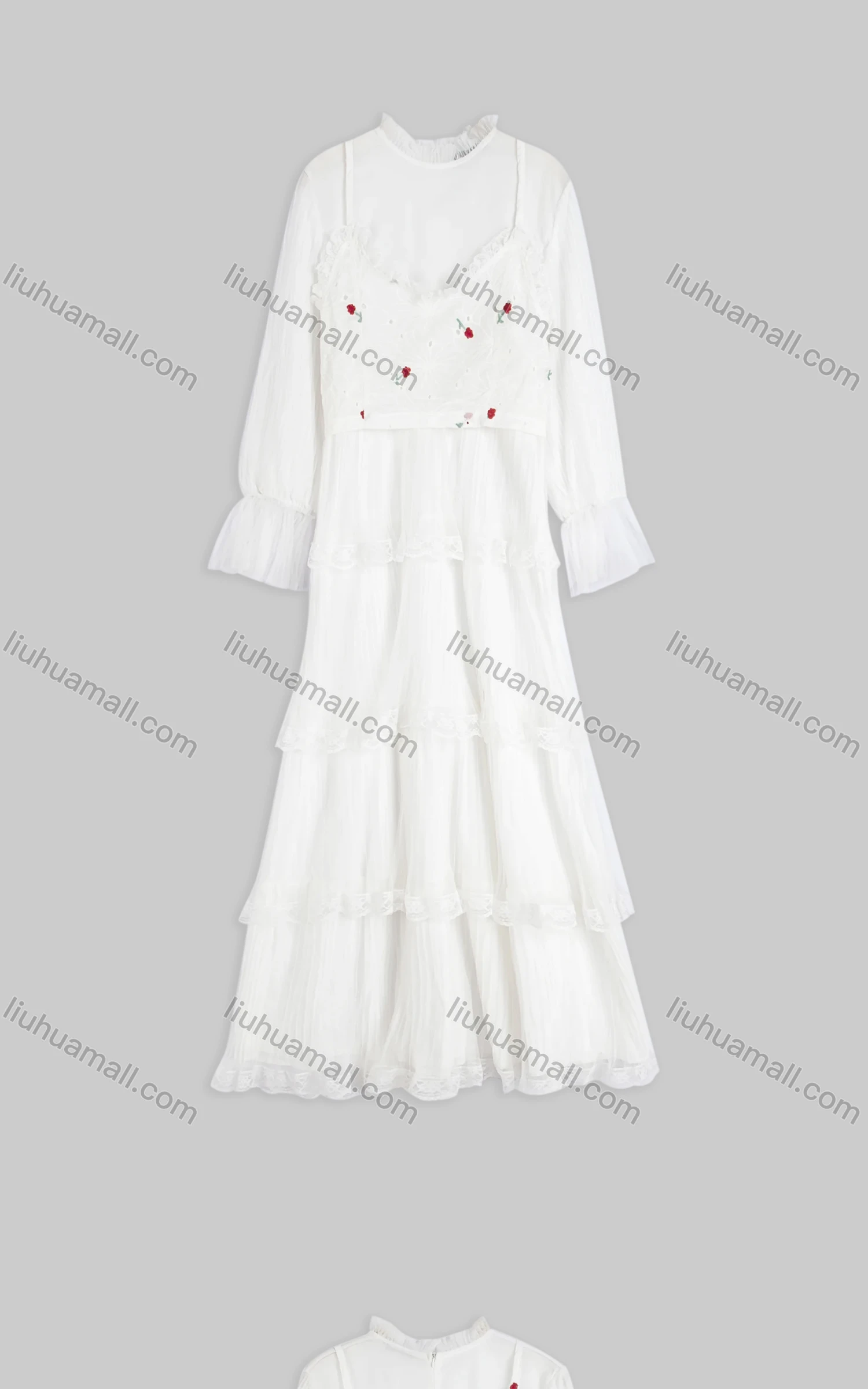 Wholesale Women's Casual Mesh Ruffle Neck Poet Sleeve Floral Embroidered Layered Hem Maxi Dress - Liuhuamall