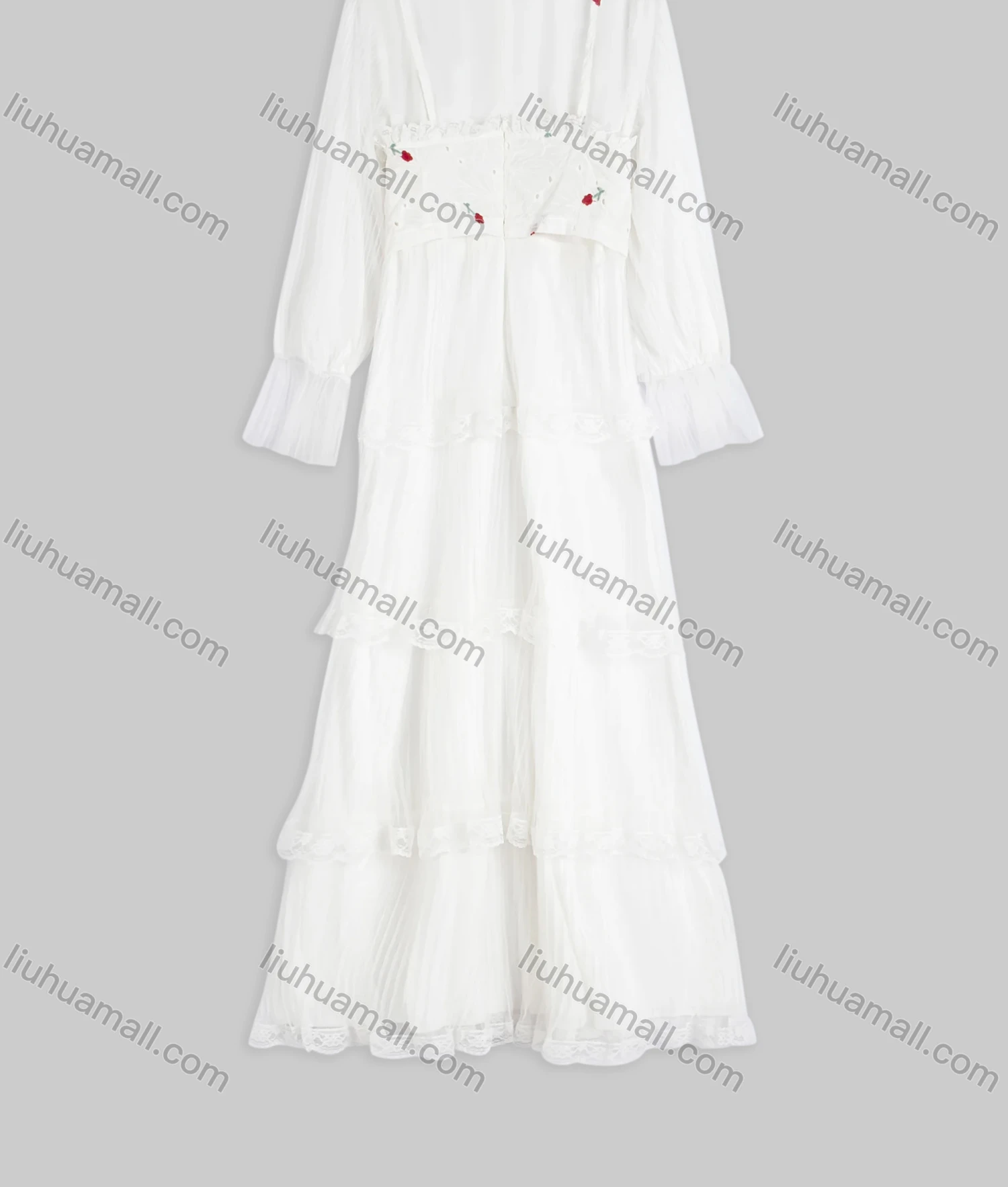 Wholesale Women's Casual Mesh Ruffle Neck Poet Sleeve Floral Embroidered Layered Hem Maxi Dress - Liuhuamall