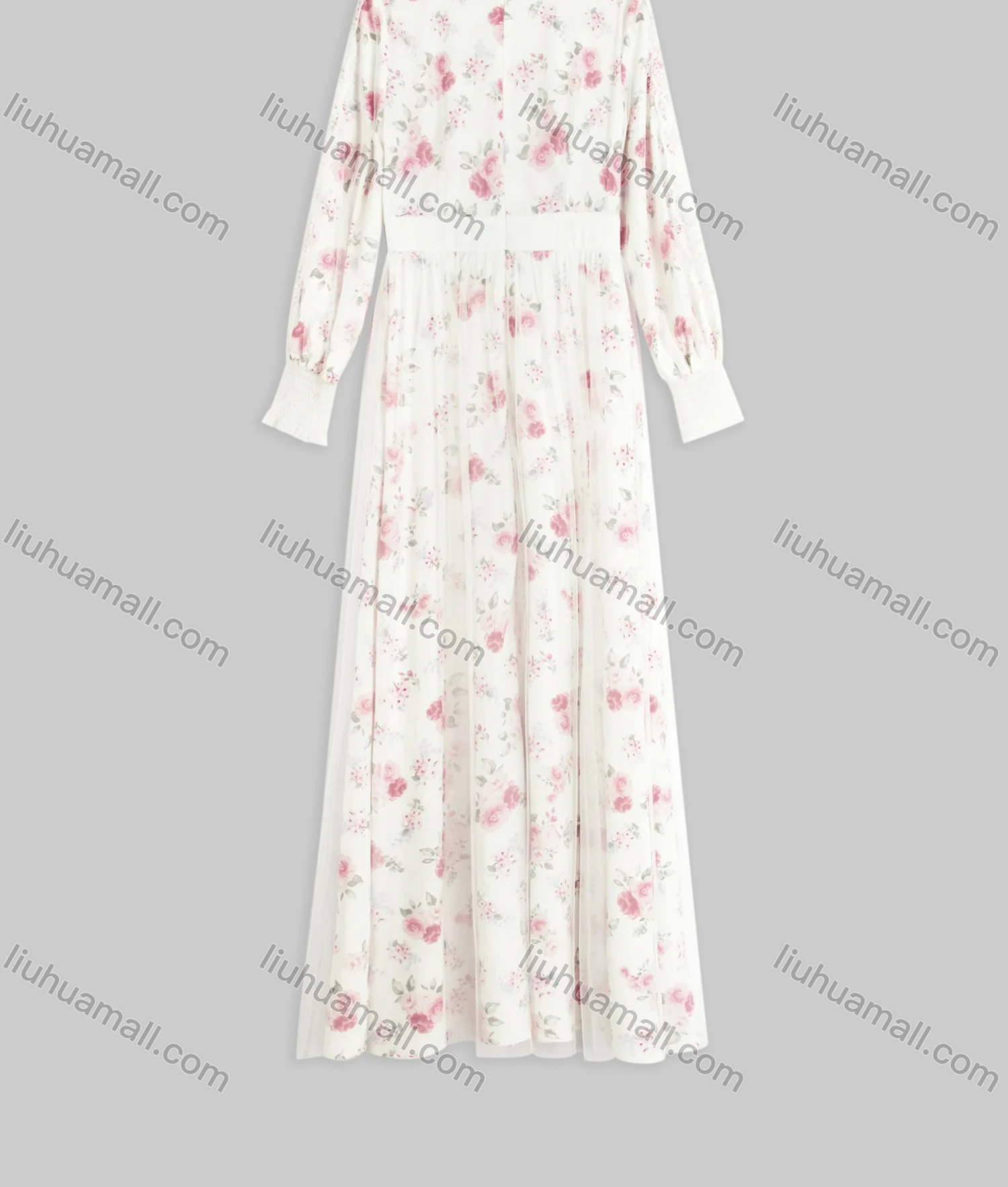 Wholesale Women's Casual Ruffle Round Neck Floral Print Long Sleeve Lace Trim Mesh Maxi Dress With Belt - Liuhuamall