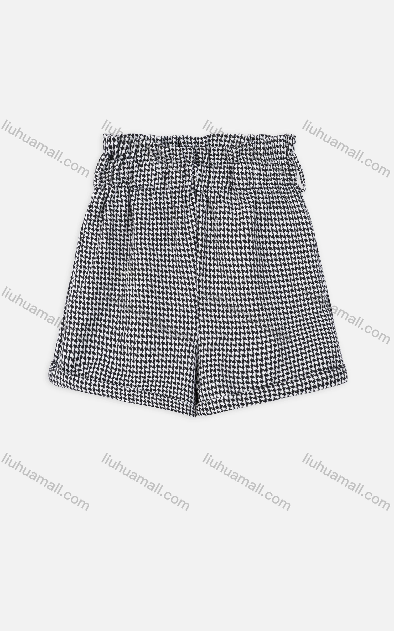 Wholesale Women's Paper Bag Waist Houndstooth Roll Up Hem Casual Short With Belted - Liuhuamall