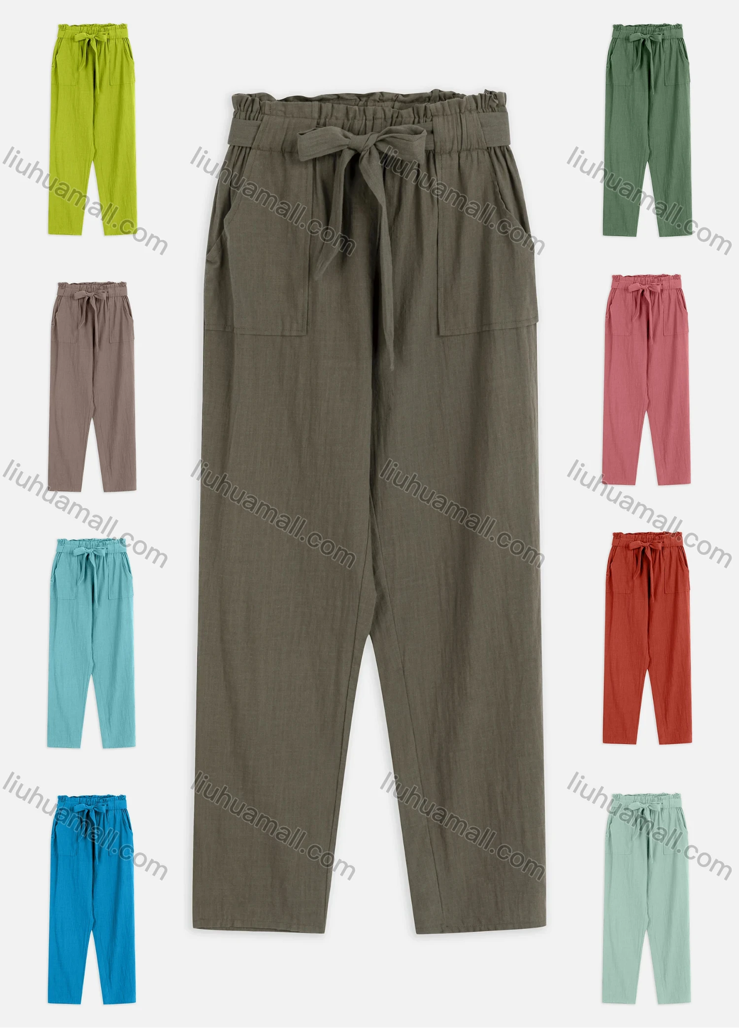 Wholesale Women's Casual Linen Plain Paper Bag Waist Pocket Loose Straight Leg Pants - Liuhuamall