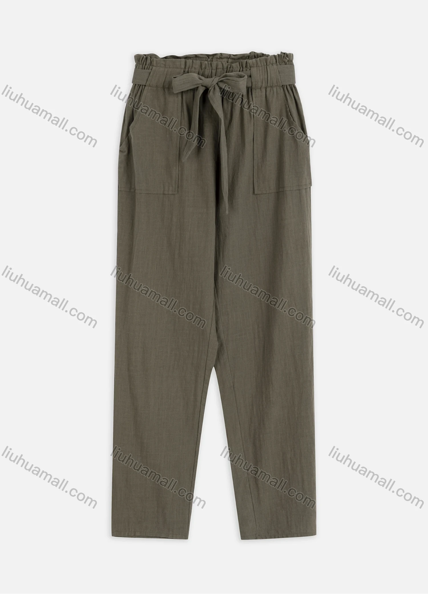 Wholesale Women's Casual Linen Plain Paper Bag Waist Pocket Loose Straight Leg Pants - Liuhuamall