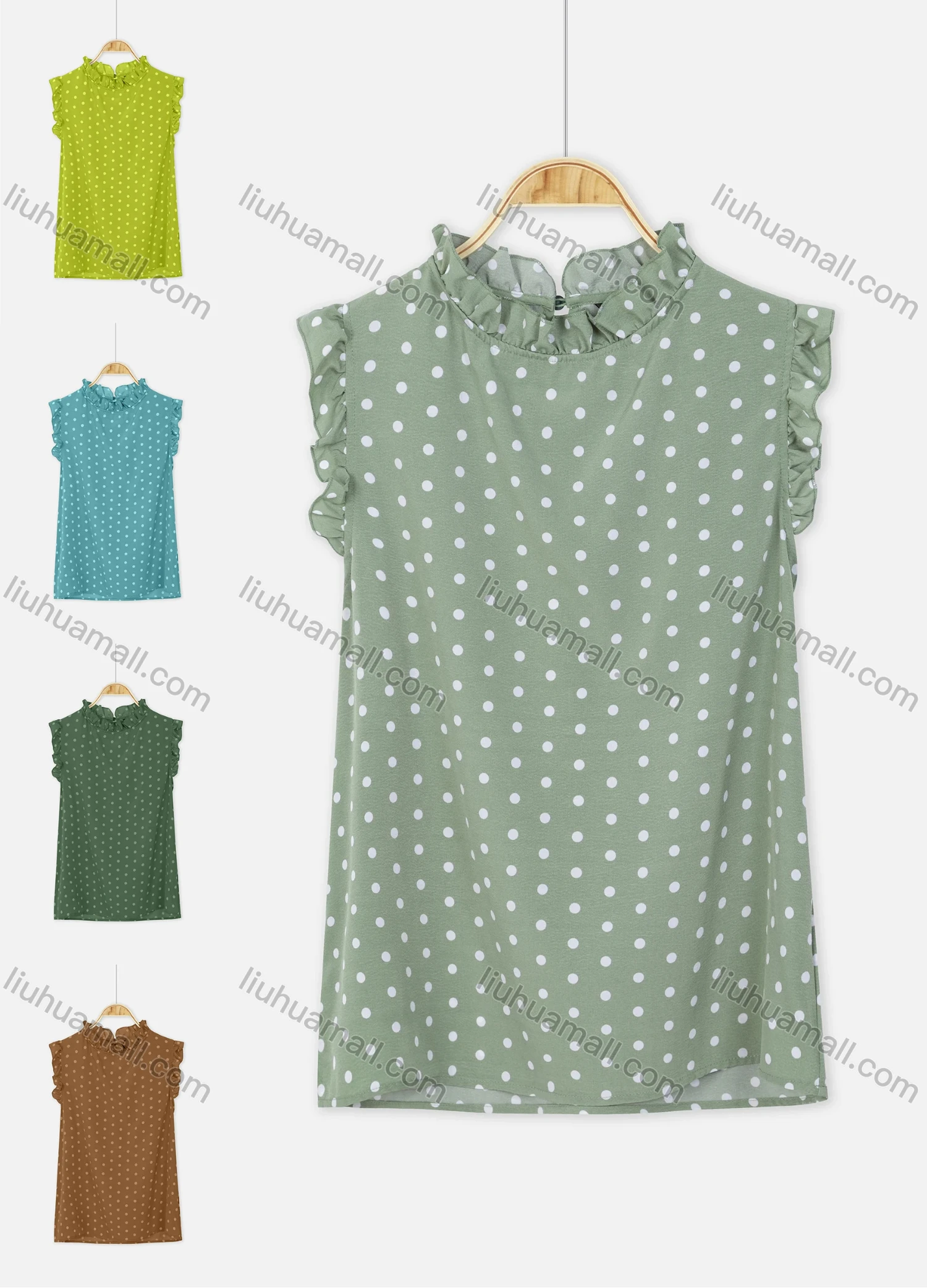 Wholesale Women's Casual Sleeveless Ruffle Trim Polka Dot Keyhole Back Blouse - Liuhuamall