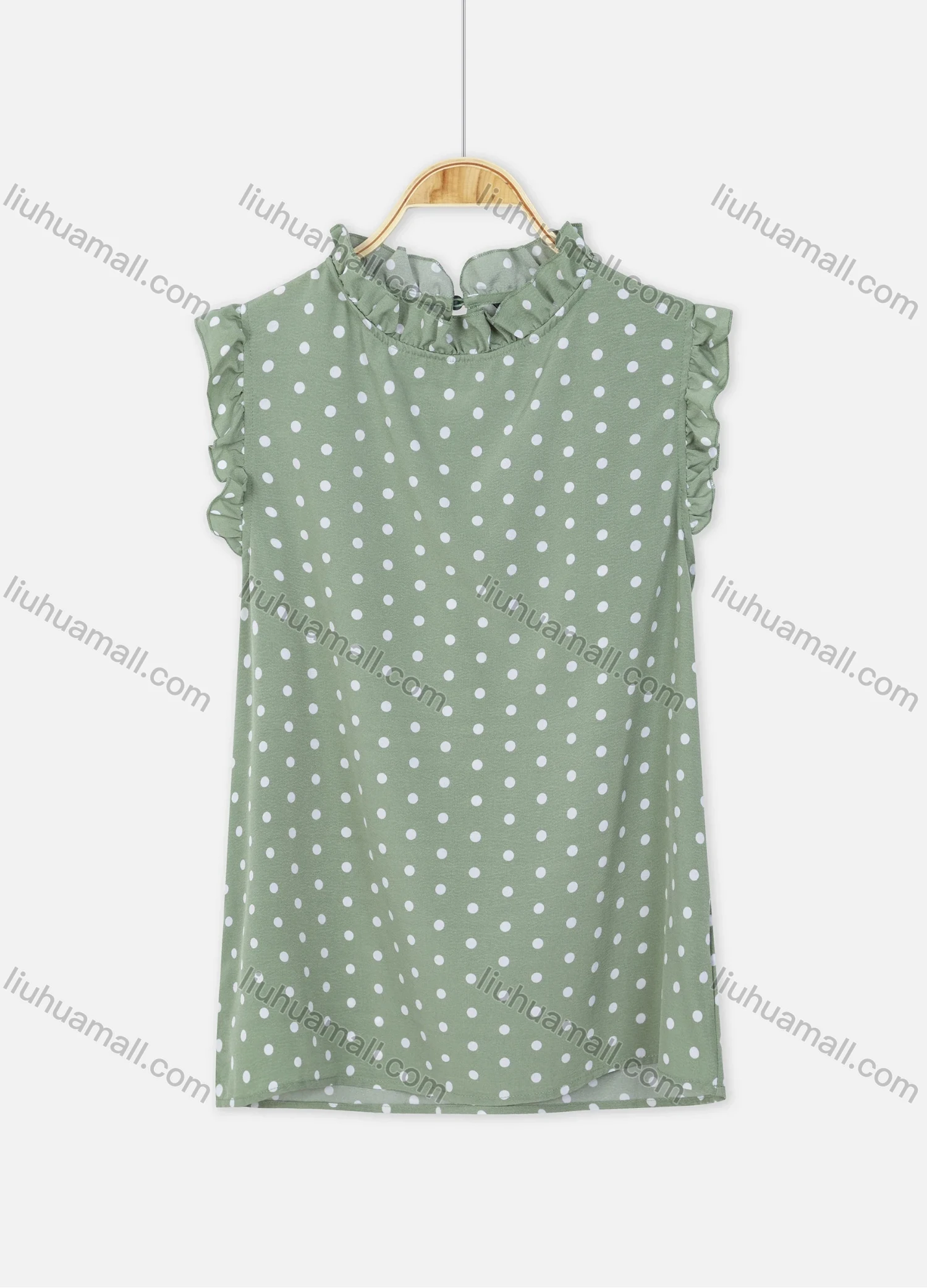 Wholesale Women's Casual Sleeveless Ruffle Trim Polka Dot Keyhole Back Blouse - Liuhuamall