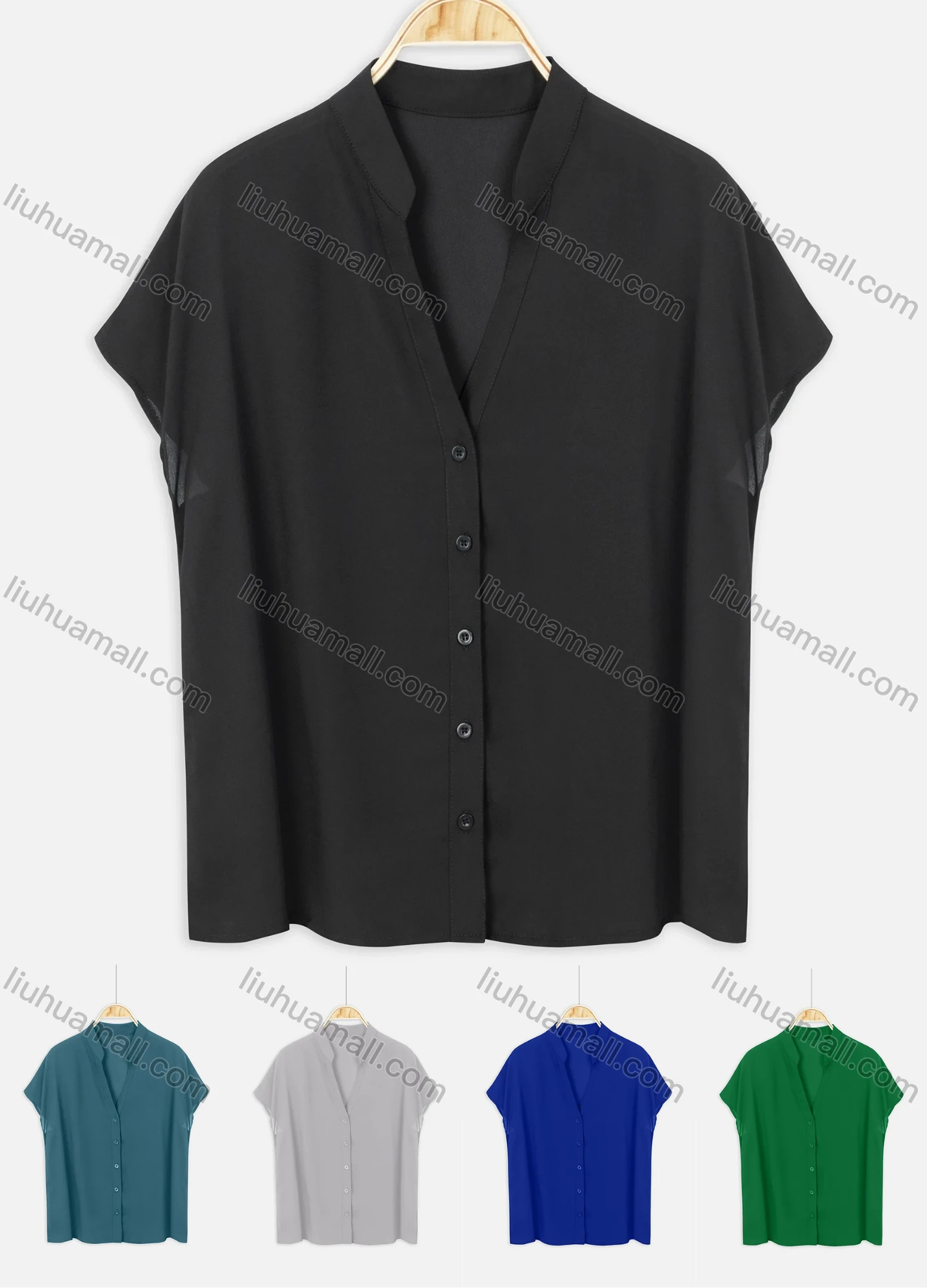 Wholesale Women's Casual Plain Chiffon Notched Neck Drop Shoulder Button Down Blouse - Liuhuamall