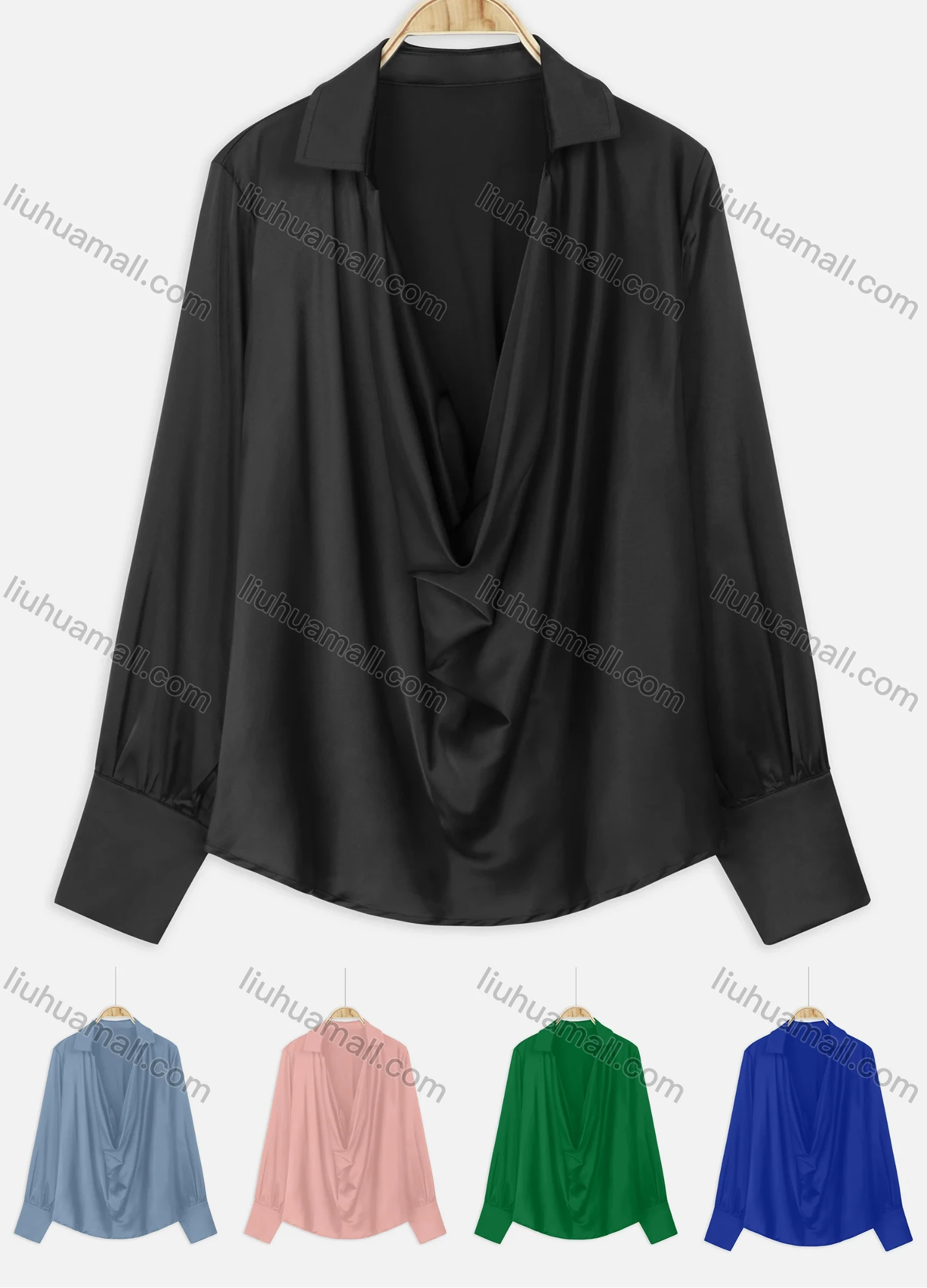 Wholesale Women's Sexy Plain Satin Collar Plunge Neck Long Sleeve Blouse - Liuhuamall