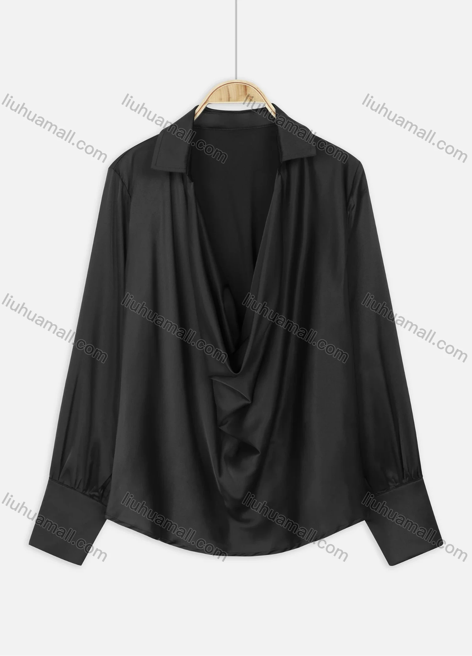 Wholesale Women's Sexy Plain Satin Collar Plunge Neck Long Sleeve Blouse - Liuhuamall