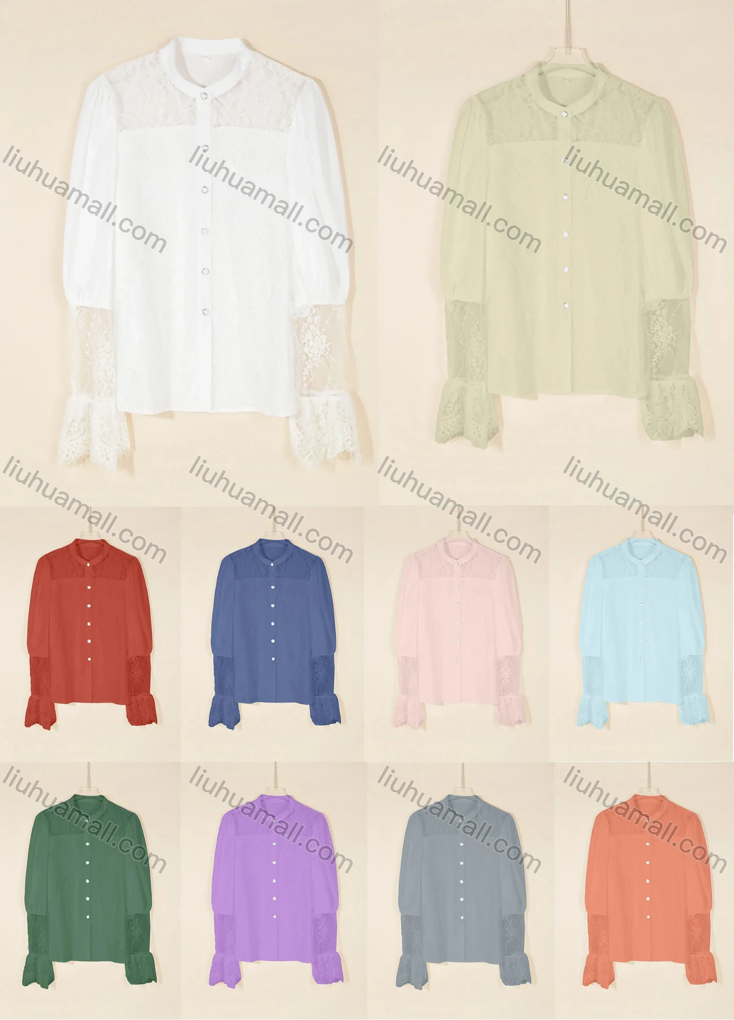 Wholesale Women's Casual Plain Crew Neck Bell Sleeve Button Down Sheer Lace Shirt - Liuhuamall