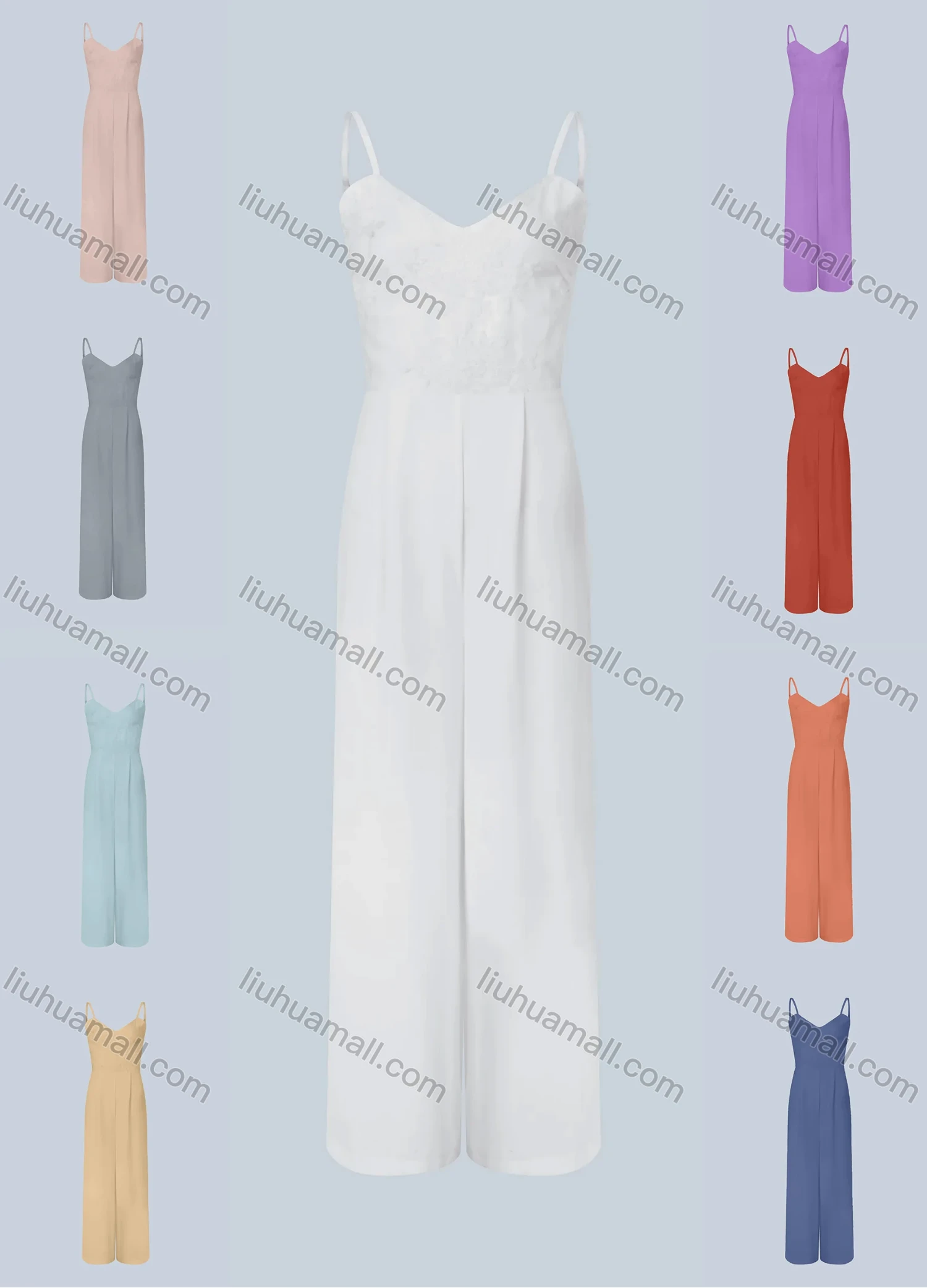 Wholesale Women's Plain V Neck Spaghetti Strap Backless Tie Wide Leg Jumpsuit - Liuhuamall