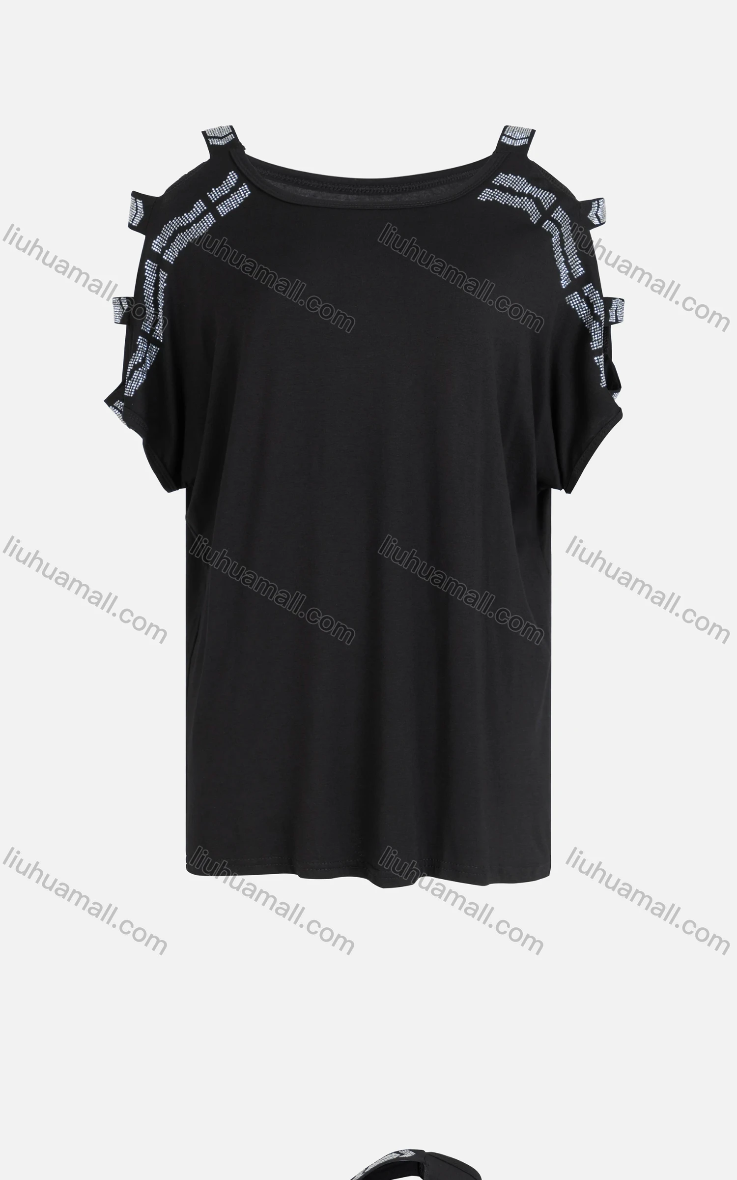 Wholesale Women's Casual Plain Batwing Sleeve Cut Out Cold Shoulder Rhinestone Blouse - Liuhuamall