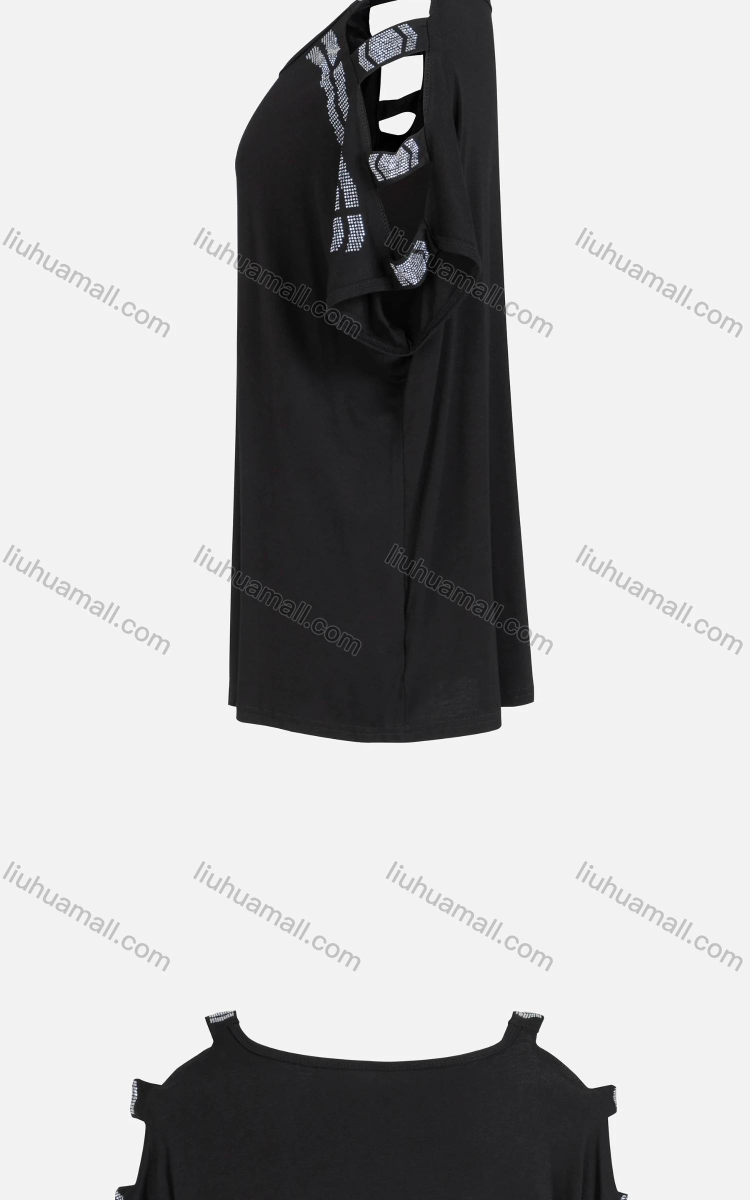 Wholesale Women's Casual Plain Batwing Sleeve Cut Out Cold Shoulder Rhinestone Blouse - Liuhuamall