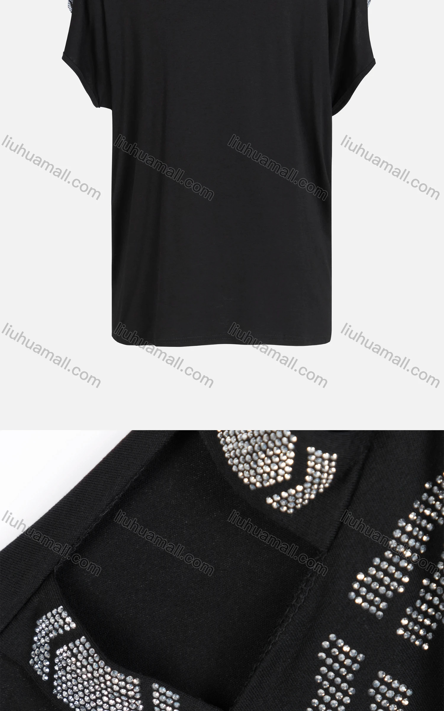 Wholesale Women's Casual Plain Batwing Sleeve Cut Out Cold Shoulder Rhinestone Blouse - Liuhuamall