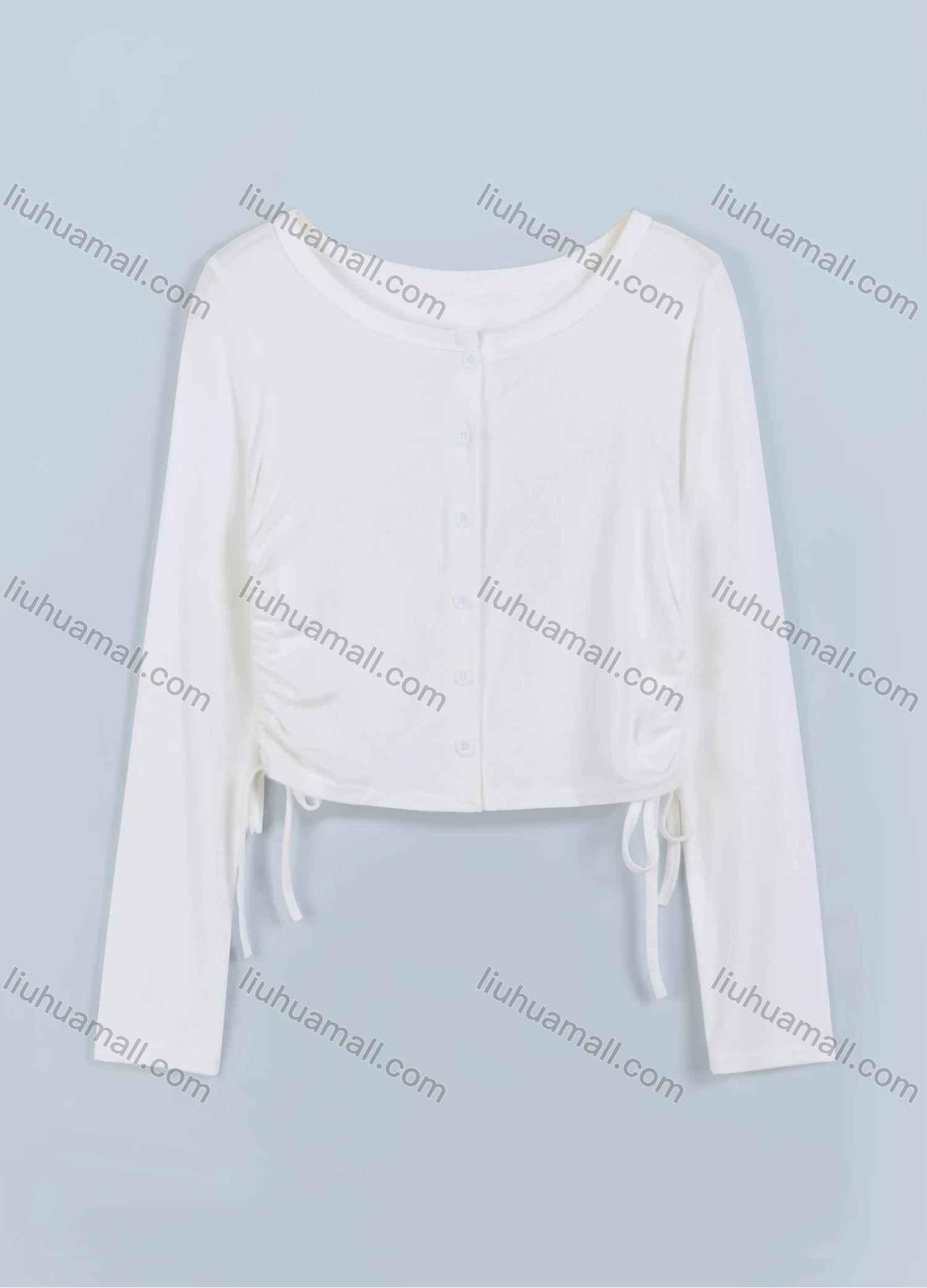 Wholesale Women's Casual Plain Crew Neck Long Sleeve Button Down Side Drawstring Cardigan - Liuhuamall