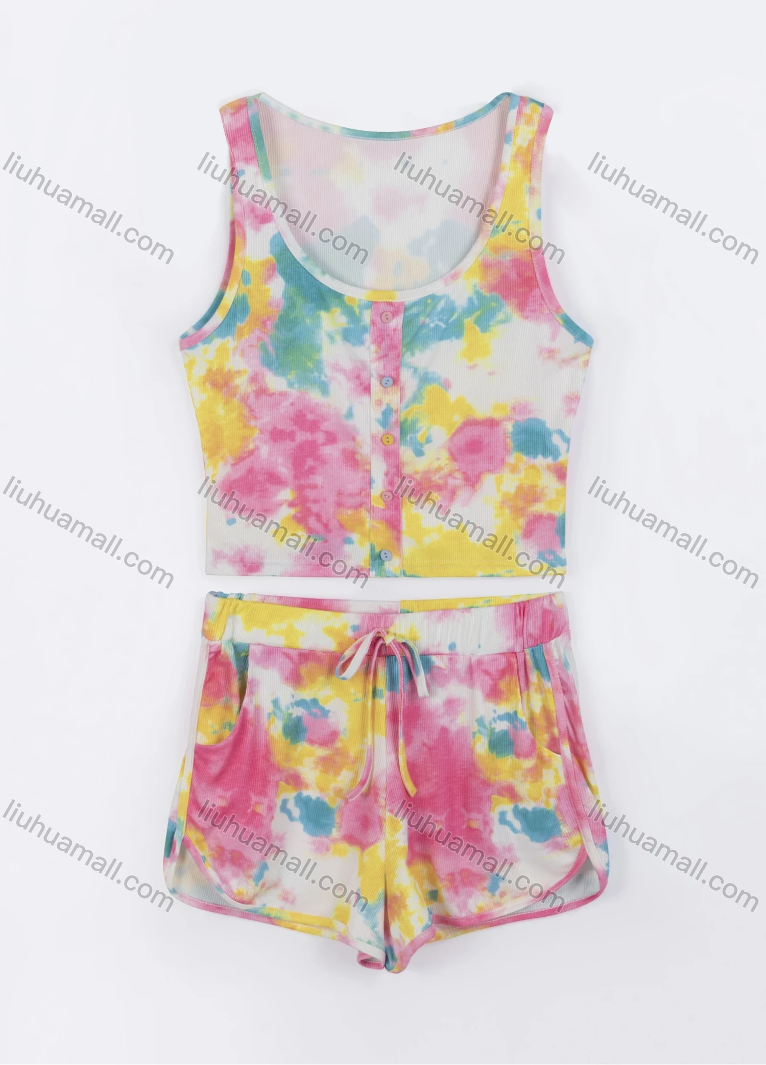 Wholesale Women's Casual Tie Dye Scoop Neck Button Front Tank Top & Drawstring Pocket Shorts Sets - Liuhuamall