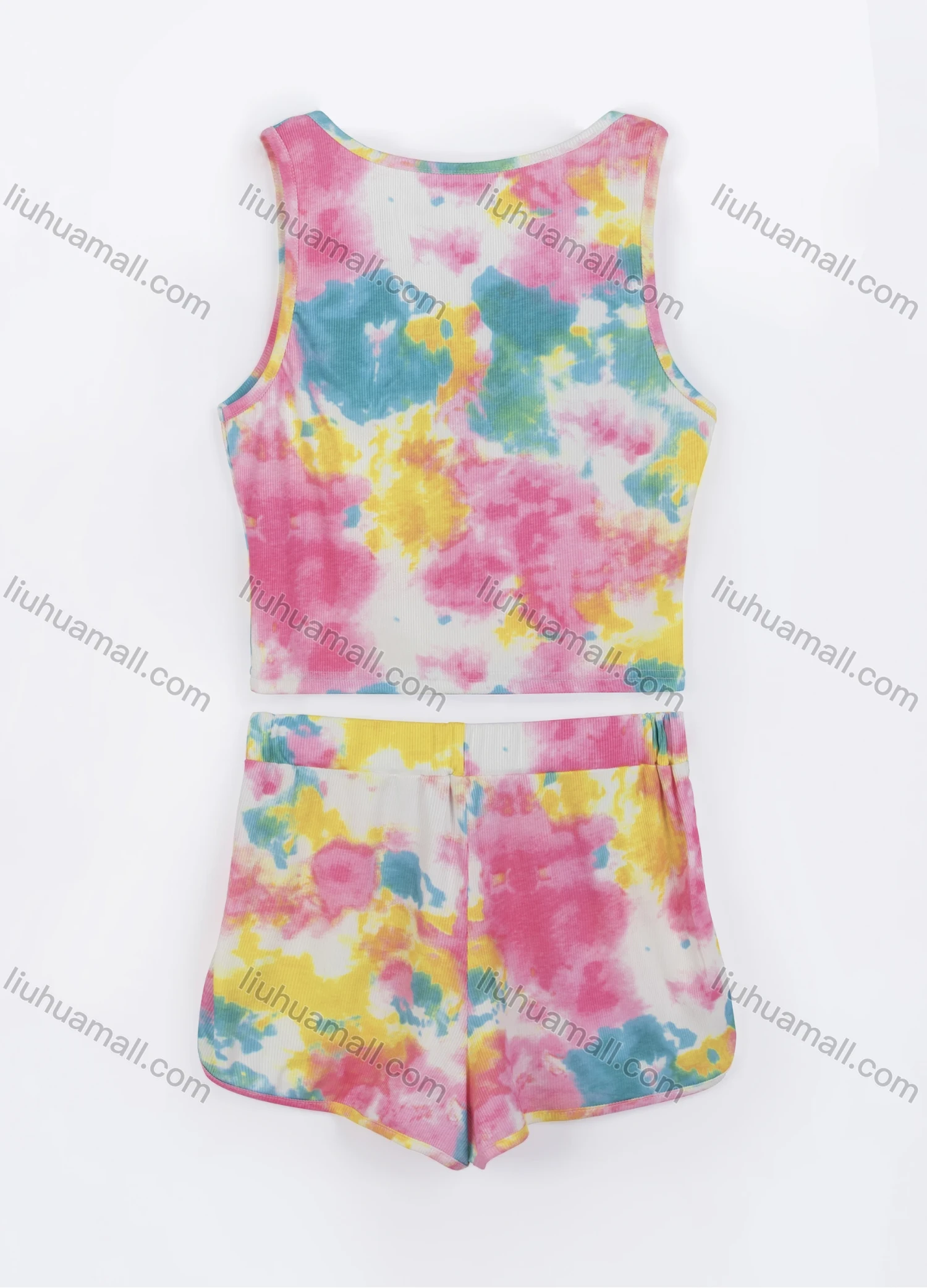 Wholesale Women's Casual Tie Dye Scoop Neck Button Front Tank Top & Drawstring Pocket Shorts Sets - Liuhuamall