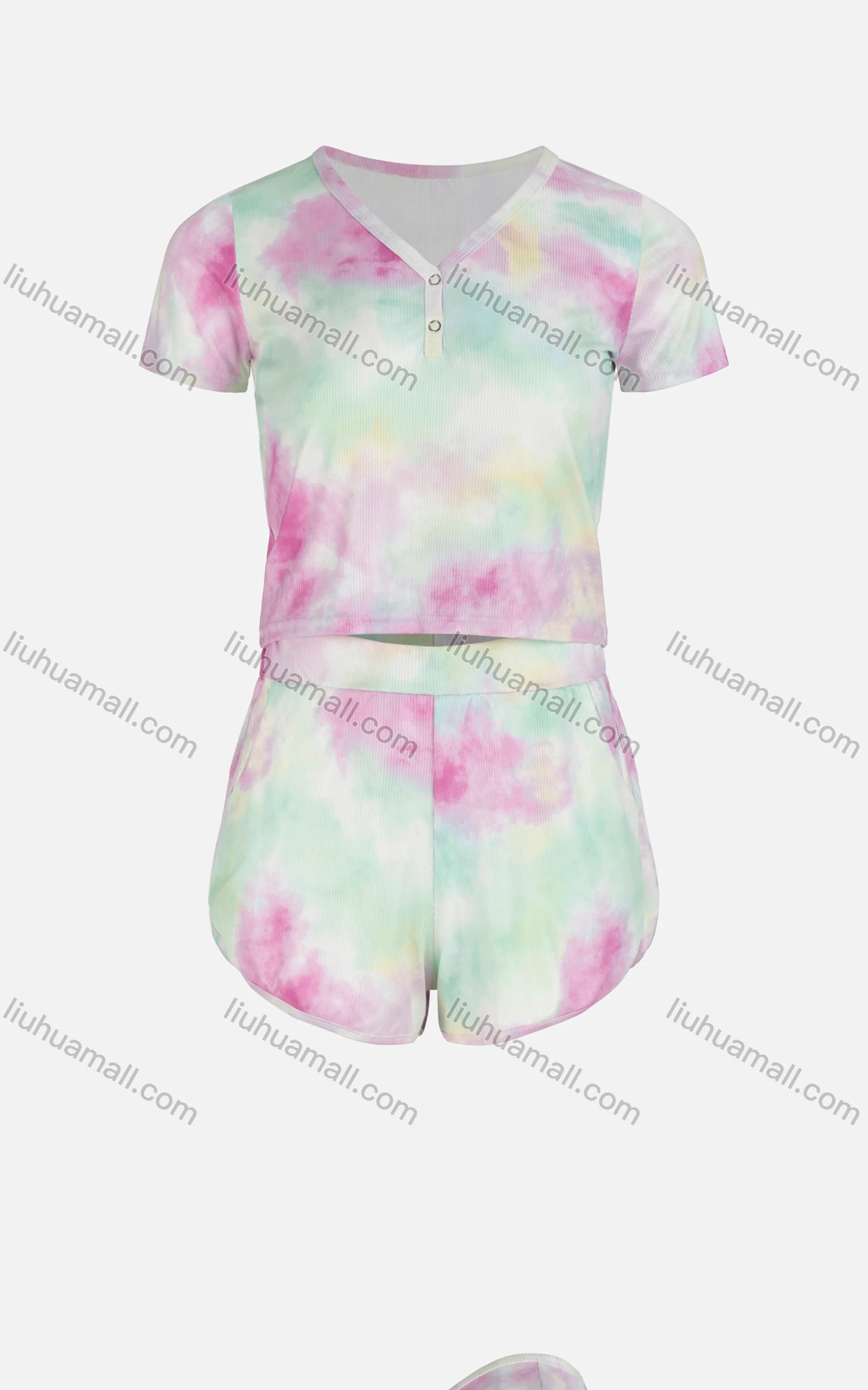 Wholesale Women's Casual Tie Dye Short Sleeve Button Front Tops & Elastic Waist Pocket Shorts Sets - Liuhuamall