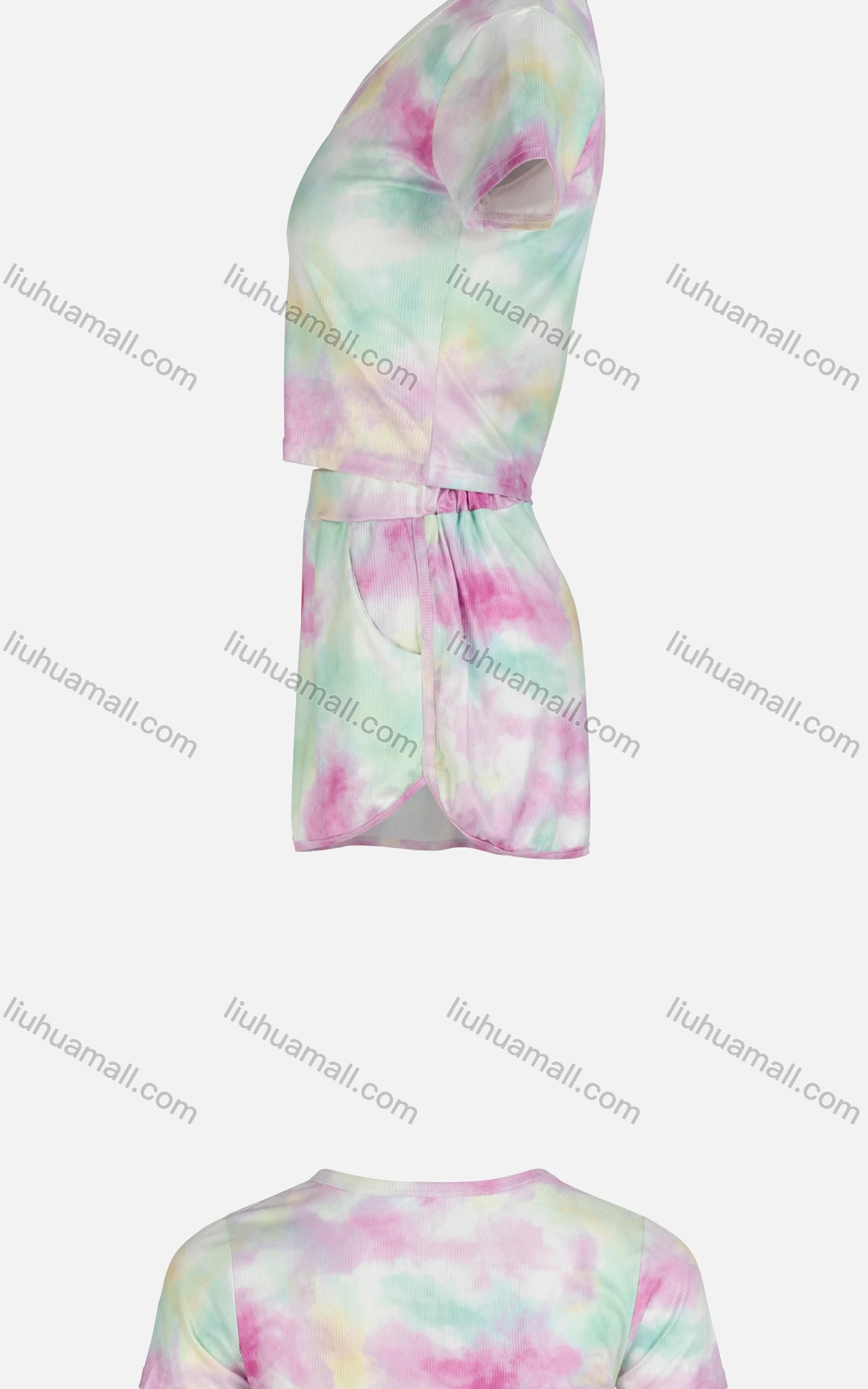 Wholesale Women's Casual Tie Dye Short Sleeve Button Front Tops & Elastic Waist Pocket Shorts Sets - Liuhuamall