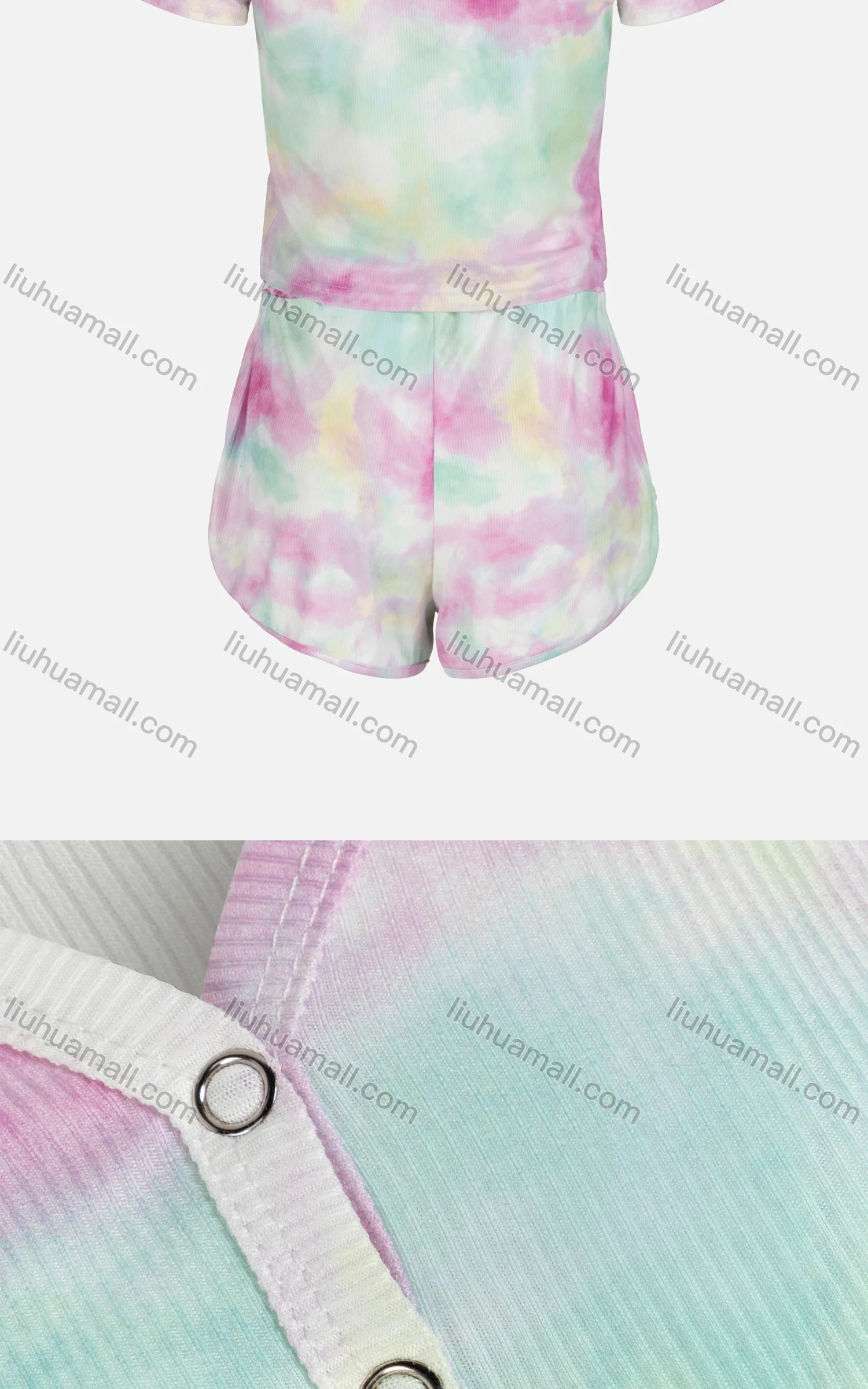 Wholesale Women's Casual Tie Dye Short Sleeve Button Front Tops & Elastic Waist Pocket Shorts Sets - Liuhuamall