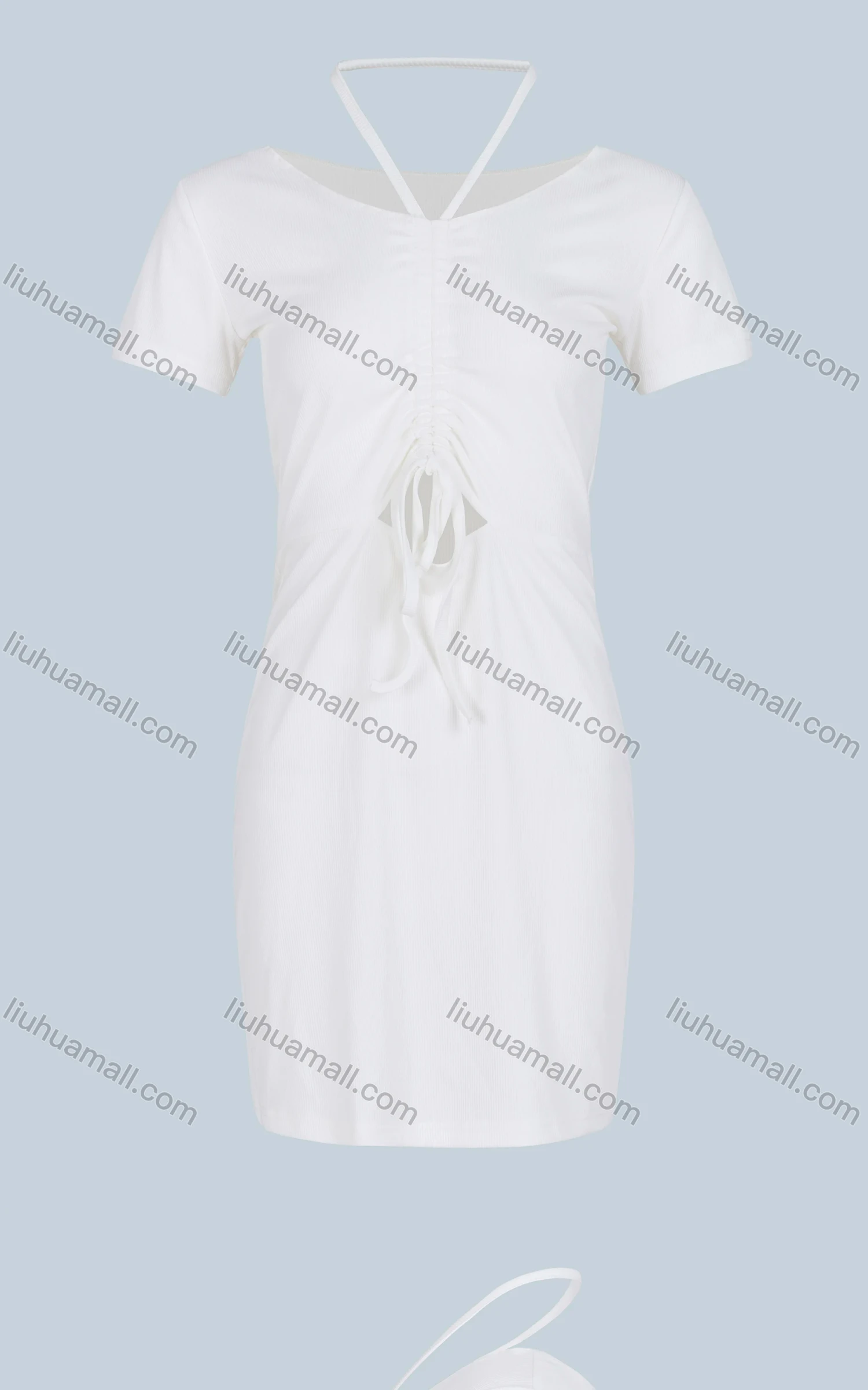 Wholesale Women's Casual Plain Short Sleeve Crew Neck Halter Cut Out Drawstring Front Dress - Liuhuamall