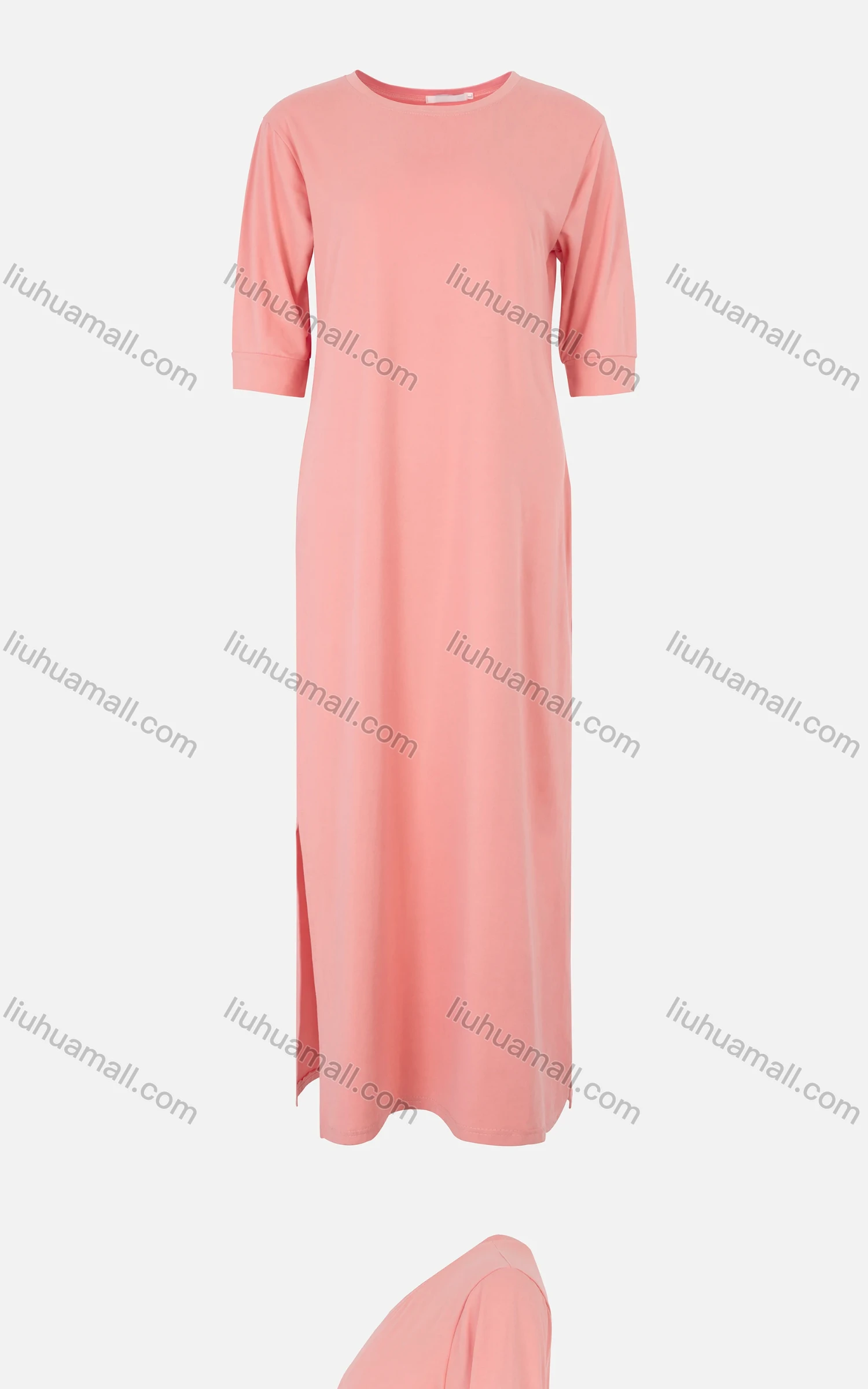 Wholesale Women's Casual Plain Round Neck Half Sleeve Split Hem Maxi Tee Dress - Liuhuamall