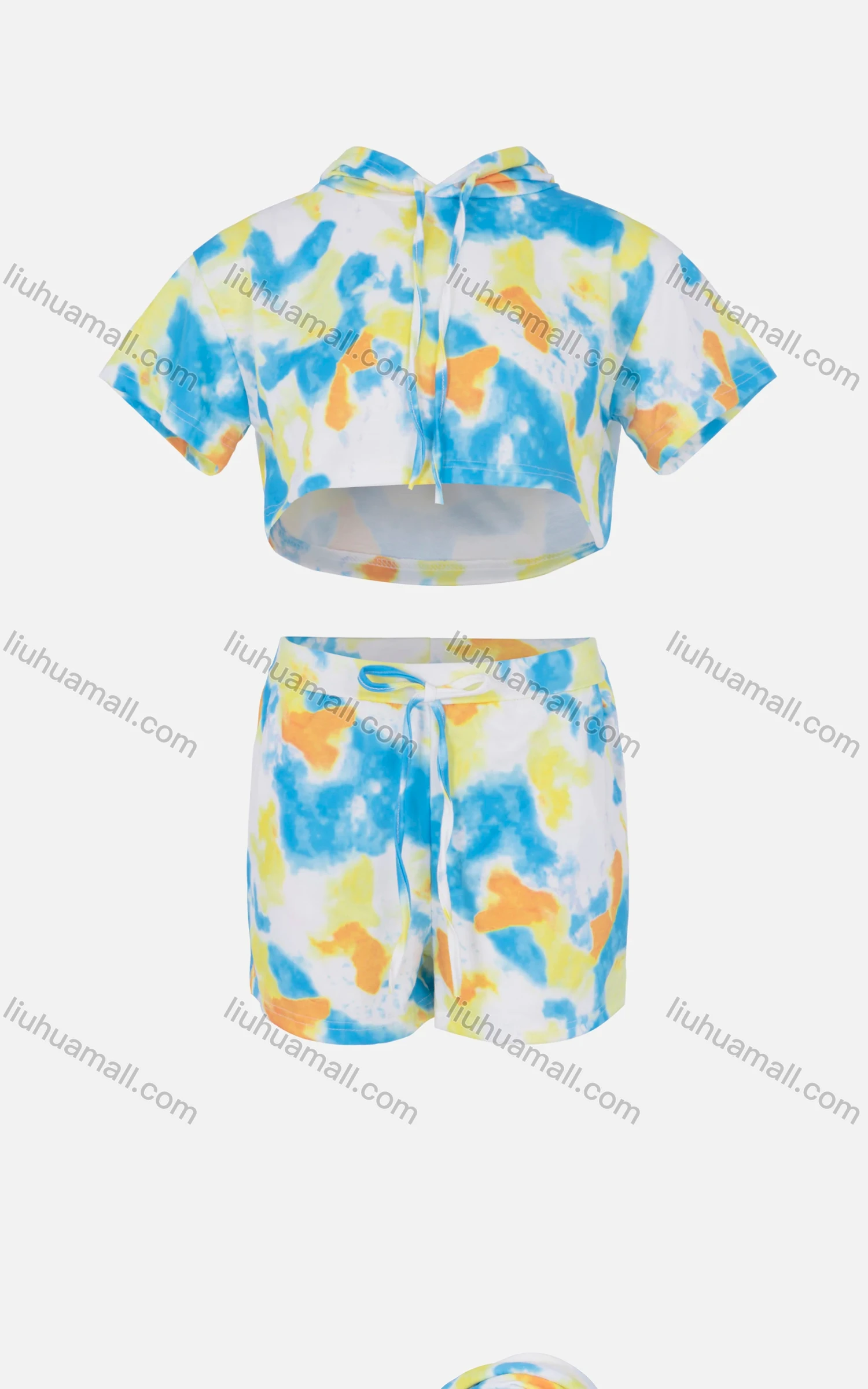 Wholesale Women's Tie Dye Casual Short Sleeve Hooded Crop Top & Drawstring Pocket Shorts Sets - Liuhuamall