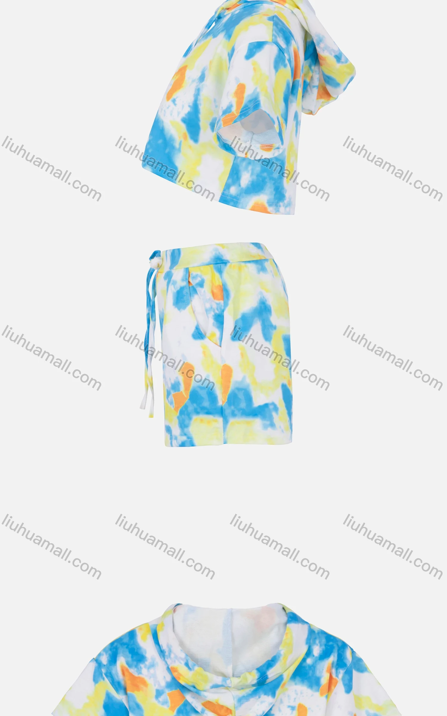 Wholesale Women's Tie Dye Casual Short Sleeve Hooded Crop Top & Drawstring Pocket Shorts Sets - Liuhuamall
