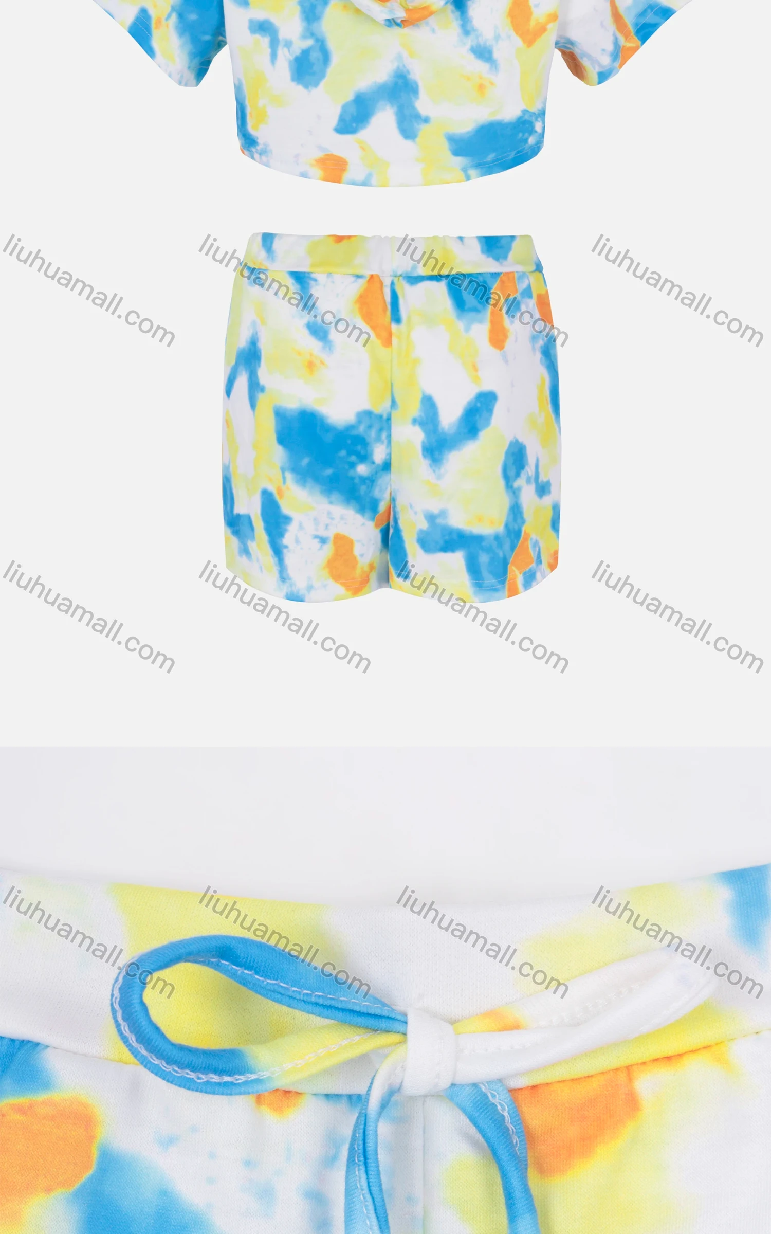 Wholesale Women's Tie Dye Casual Short Sleeve Hooded Crop Top & Drawstring Pocket Shorts Sets - Liuhuamall