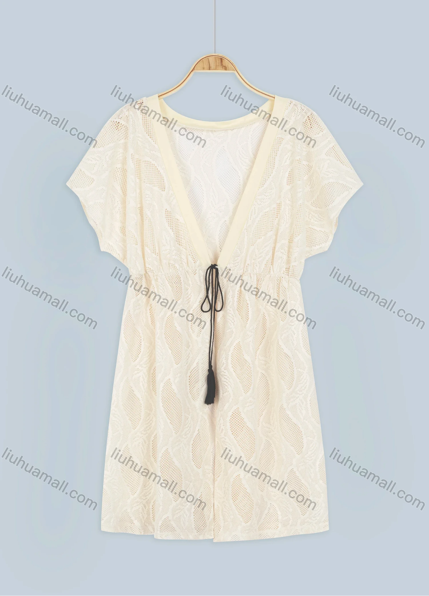 Wholesale Women's Vacation Embroidery Lace Deep V Neck Mesh Elastic Waist Tassel See Through Cover Up Dress 894681# - Liuhuamall