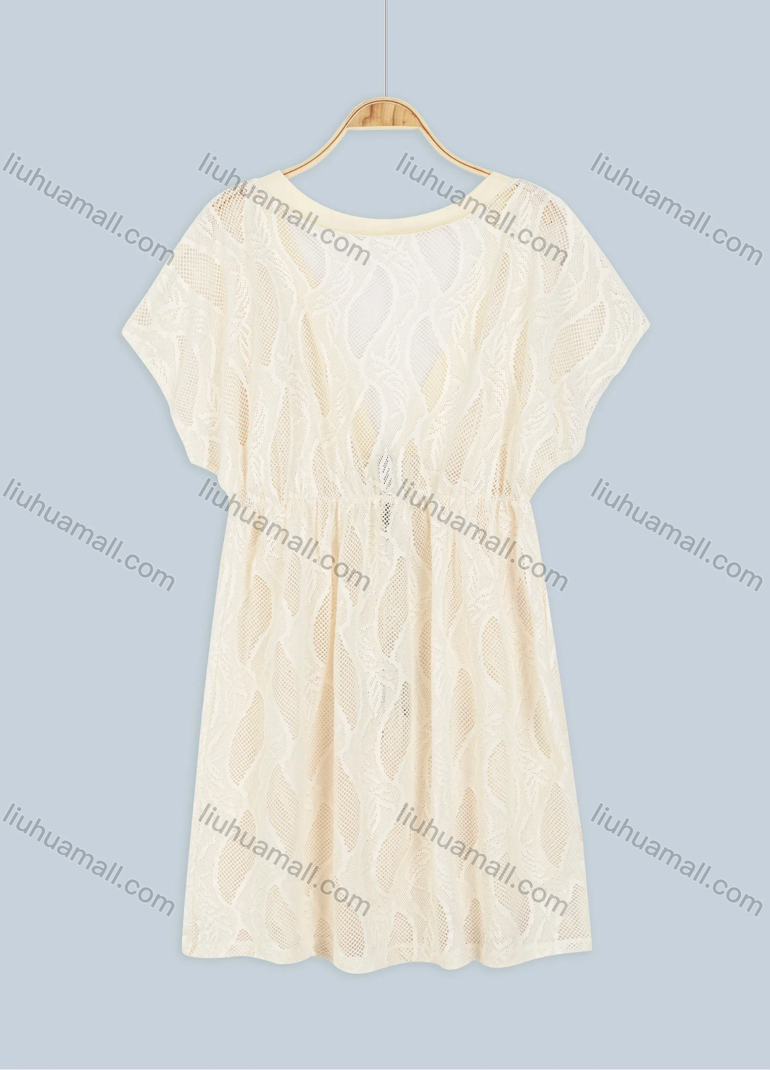 Wholesale Women's Vacation Embroidery Lace Deep V Neck Mesh Elastic Waist Tassel See Through Cover Up Dress 894681# - Liuhuamall