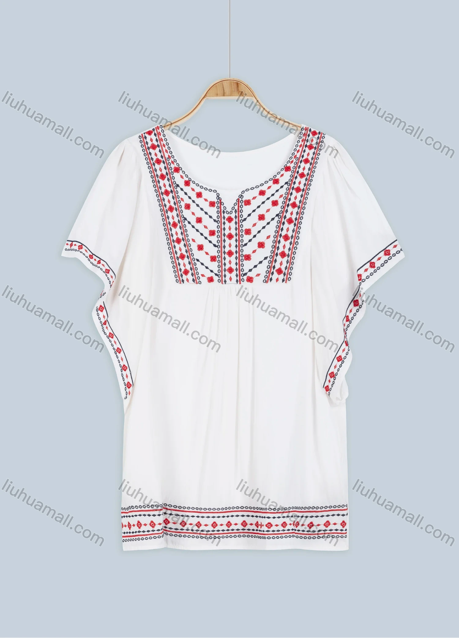 Wholesale Women's Vacation Notched Bat Sleeve Top Embroidered Floral Blouse 8601# - Liuhuamall